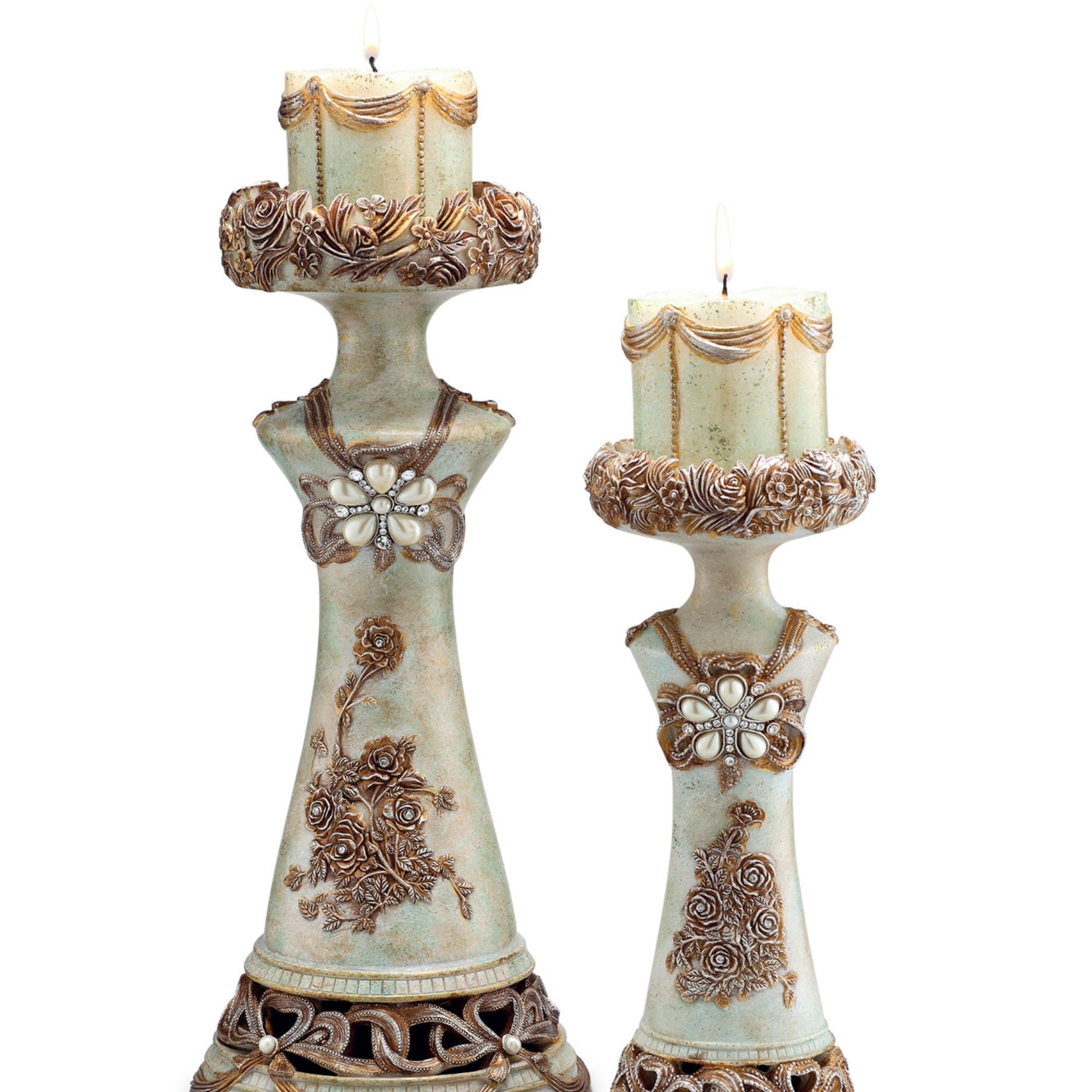 11.75" And 15.5" Polyresin Candleholder, Vintage Rose Design Set Of 2 Beige Polyresin