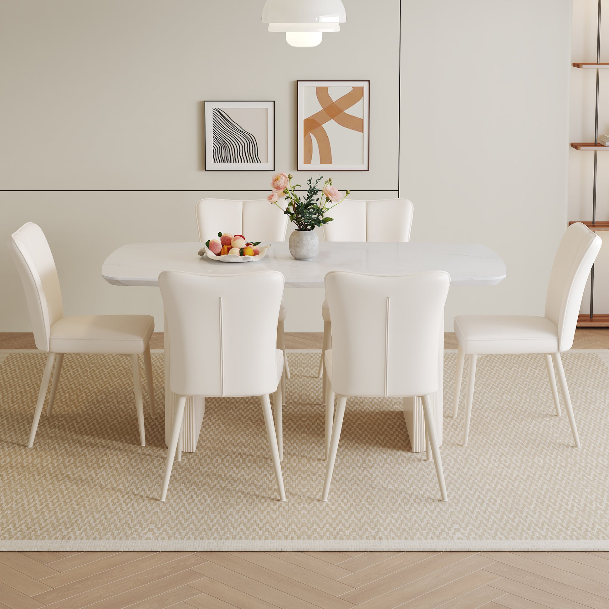 Table And Chair Set.67*35.4 Cream Style Mdf White Dining Table Set With 6 Cream Style Dining Chairs With A Vertical Line Design On Backrest.Adding A Warm And Gentle Atmosphere To Your Family. White