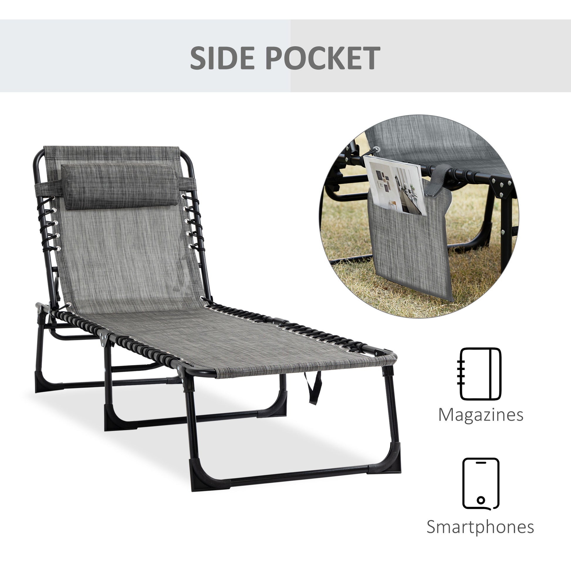 Outsunny Reclining Chaise Lounge Chair, Portable Sun Lounger, Folding Camping Cot, With Adjustable Backrest And Removable Pillow, For Patio, Garden, Beach, Grey Gray Fabric