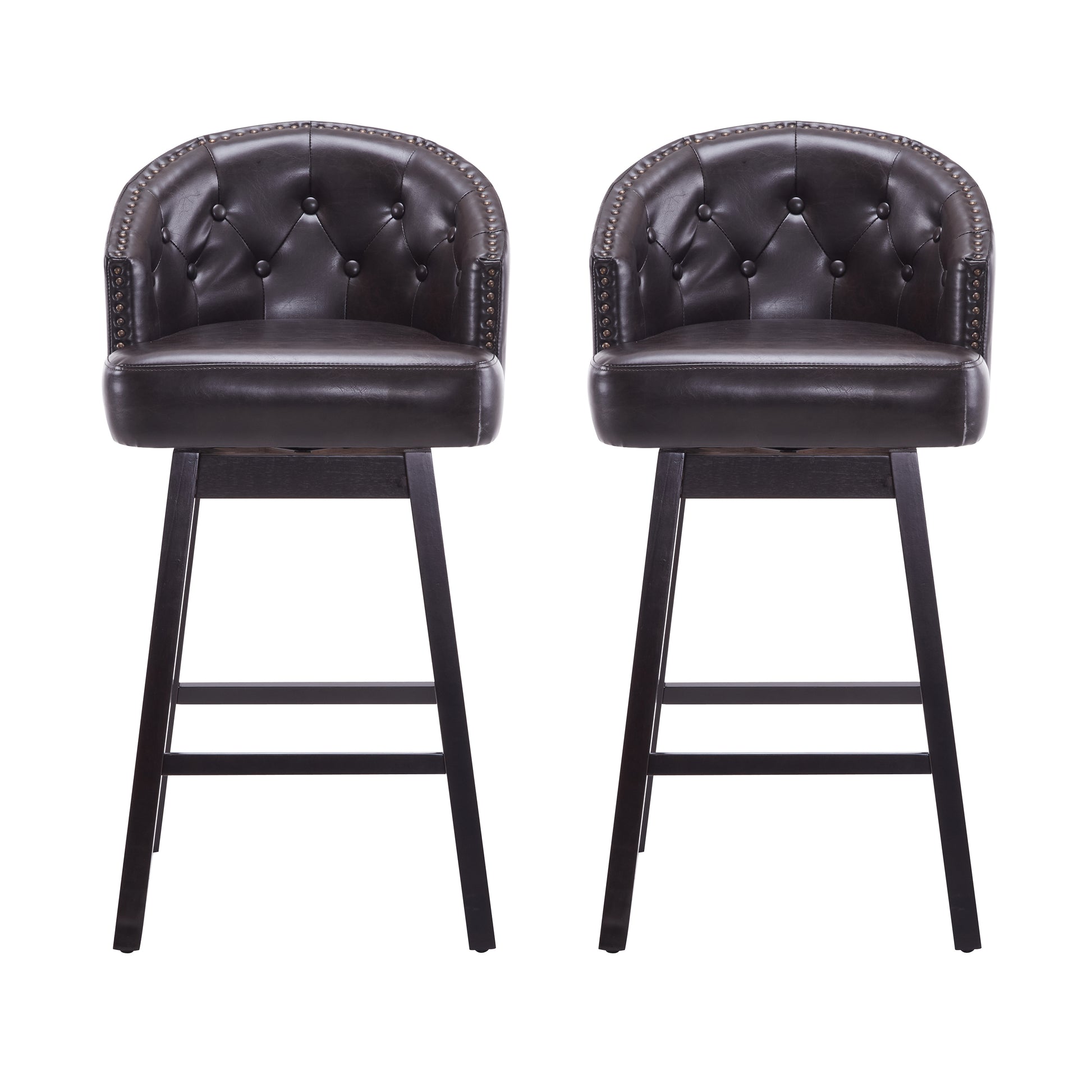 33.25" Swivel Counter Stools Set Of 2, Upholstered Counter Height Bar Stools With Solid Rubber Wood Frame, Backrest, Footrest, Armless Barstools For Home Bar, Kitchen Counter, Dark Brown Rubberwood