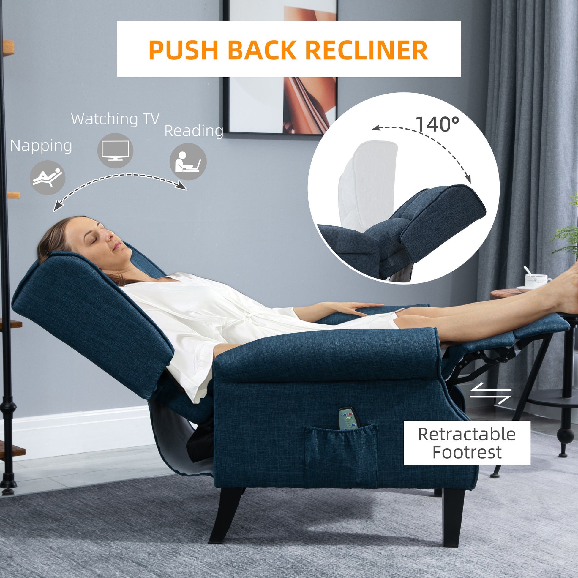 Homcom Massage Recliner Sofa With Heat Function, Remote Control, Blue Blue Polyester