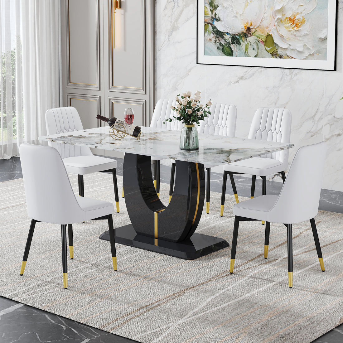 Table And Chair Set, Modern Dining Table, Patterned Table Top And Black Mdf Leg Table, Soft And Comfortable Dining Chair, Perfect For Dinner, Meetings, Home And Office Decor White Black Mdf Glass