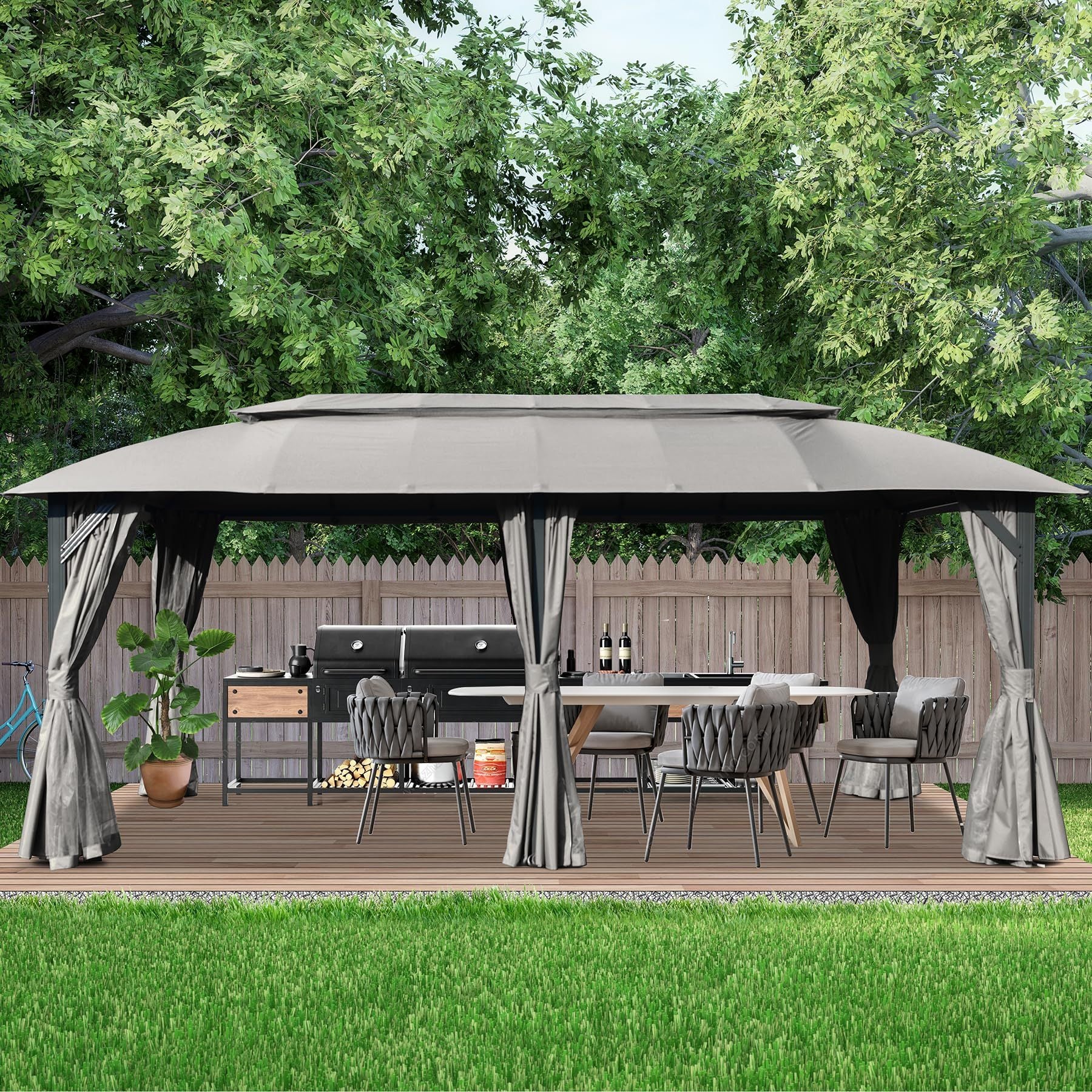 Gazebo 10X20Ft, Outdoor Gazebo With Double Roofs, Privacy Curtains, Mosquito Nettings, Heavy Duty Metal Frame Party Tent Canopy For Patio, Backyard, Deck, Lawn, Grey Gray Garden & Outdoor Uv Resistant Steel