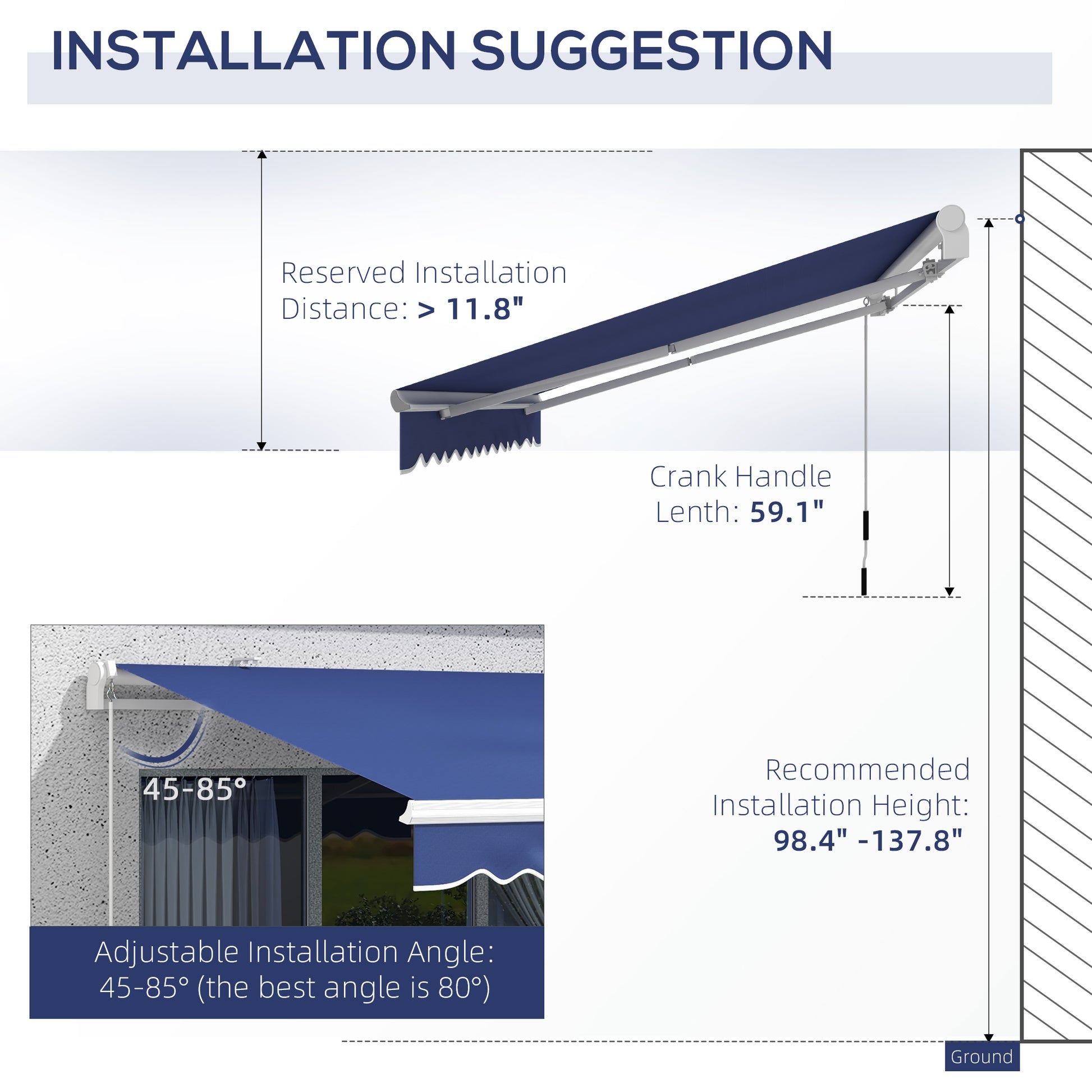 Outsunny 13' X 8' Retractable Awning, Patio Awnings, Sunshade Shelter W Manual Crank Handle, Uv & Water Resistant Fabric And Aluminum Frame For Deck, Balcony, Yard, Dark Blue Dark Blue Aluminum