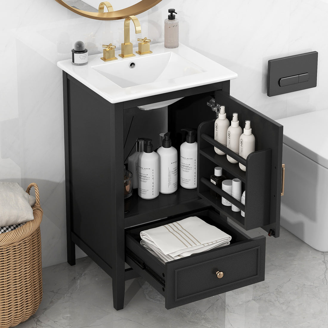 20" Bathroom Vanity With Sink, Bathroom Cabinet With A Door, Door Shelf Storage And Adiustable Foot Pads, A Drawer, Black Black Solid Wood Mdf