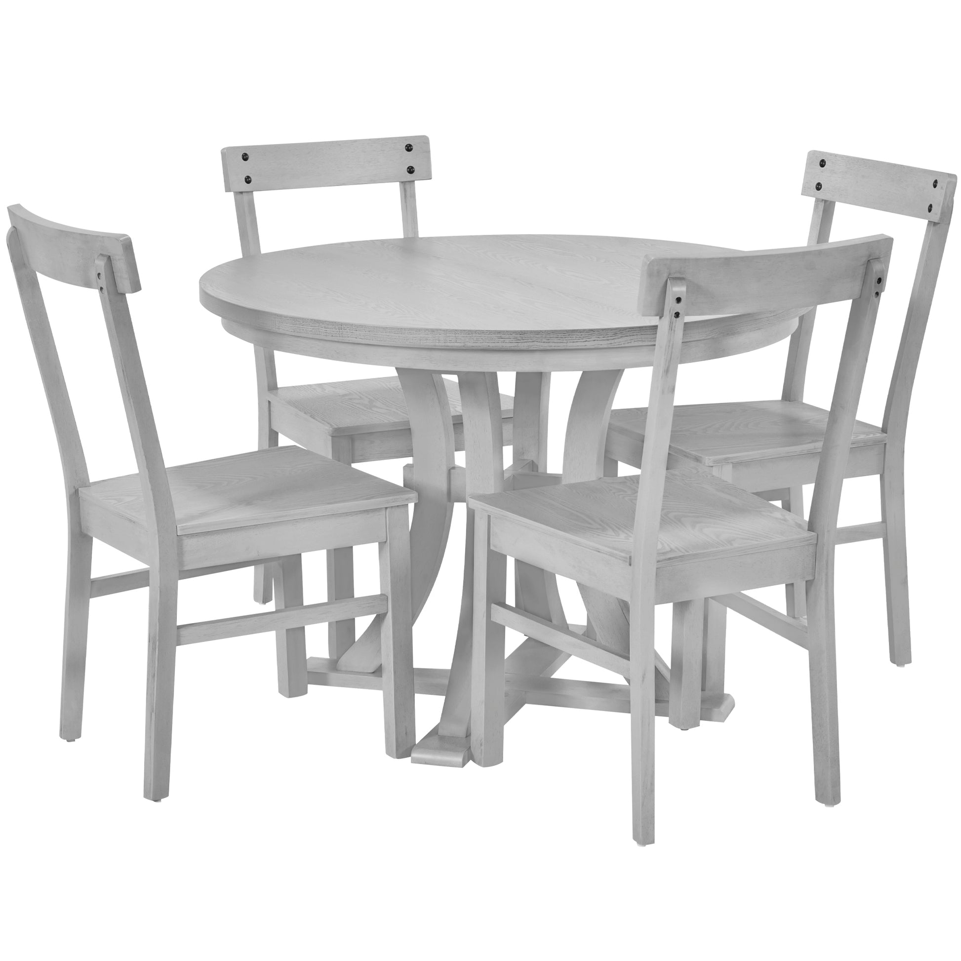 5 Piece Rustic Round Pedestal Extendable Dining Table Set With 15.7" Removable Leaf And Simple Dining Chirs For Small Places, Gray Gray Wood Dining Room Extendable Rubberwood Oval Dining Table With Chair Wood Wood Gray Seats 4 Removable Leaf Farmhouse