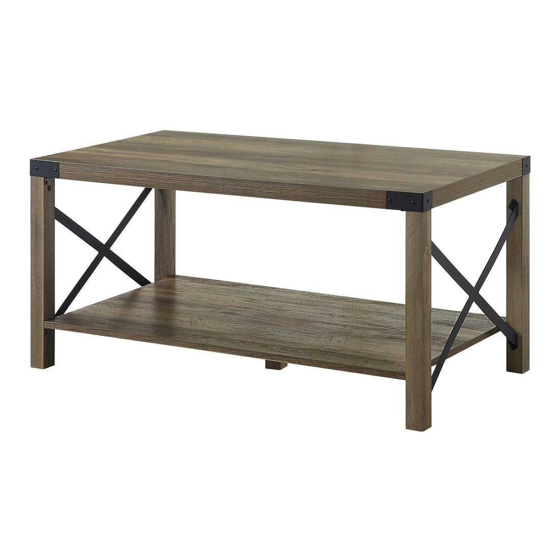 Rustic Oak Coffee Table With Bottom Shelf Rustic Primary Living Space Shelves Rectangular Wood Metal