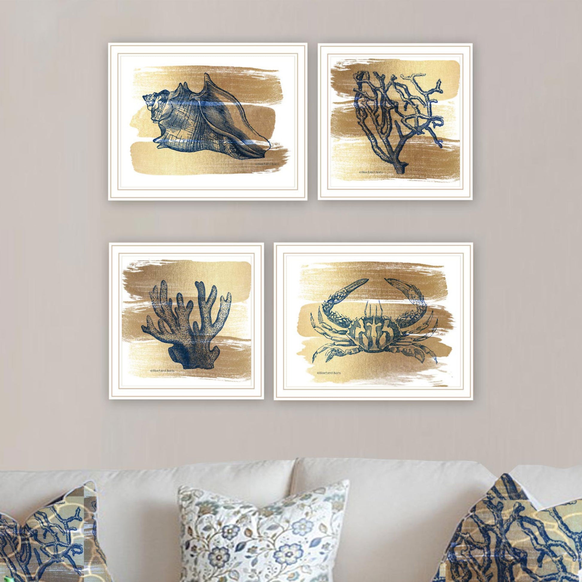 4 Pc Vignette Gold Sea Collection White Framed Wall Art For Living Room, Bedroom Wall Art Print For Home Decor By Bluebird Barn Multi Wood Paper