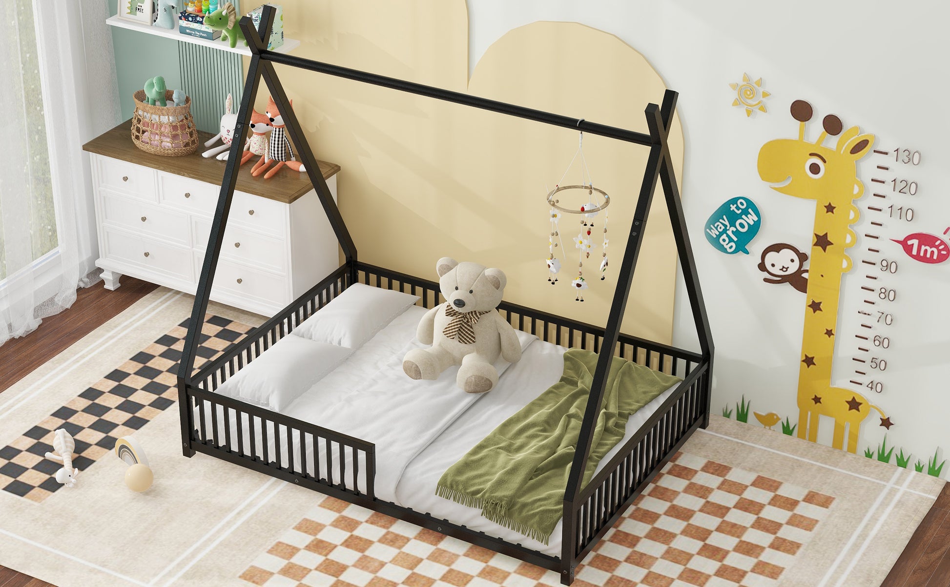 Metal Full Size House Platform Bed With Triangle Structure And Guardrail, Black Box Spring Not Required Full Black Metal Metal