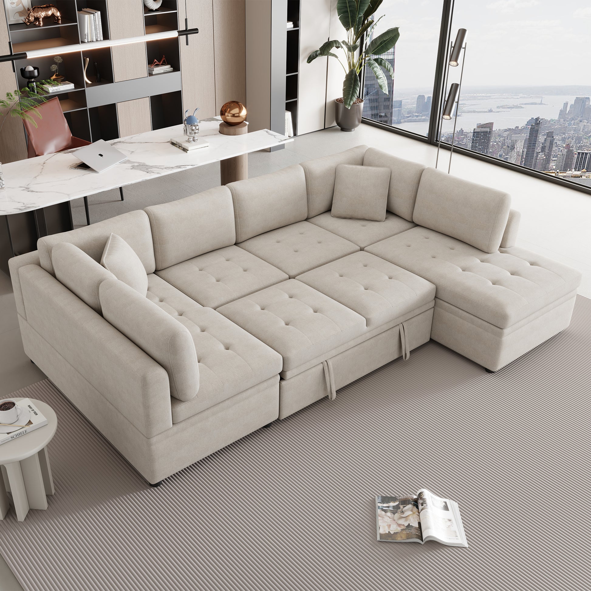 117.3" Oversized Sectional Sofa U Shaped Sofa Couch Pull Out Sofa Bed With Two Throw Pillows For Living Room, Beige Beige Foam Chenille 4 Seat