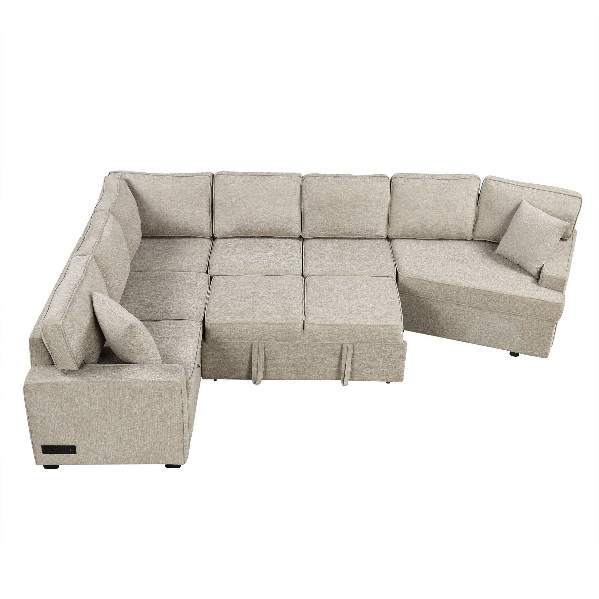 126" L Shaped Sofa Sectional Sofa Couch Pull Out Sofa Bed With Charging Devices And Cup Holders For Living Room, Beige Beige Foam Chenille 6 Seat