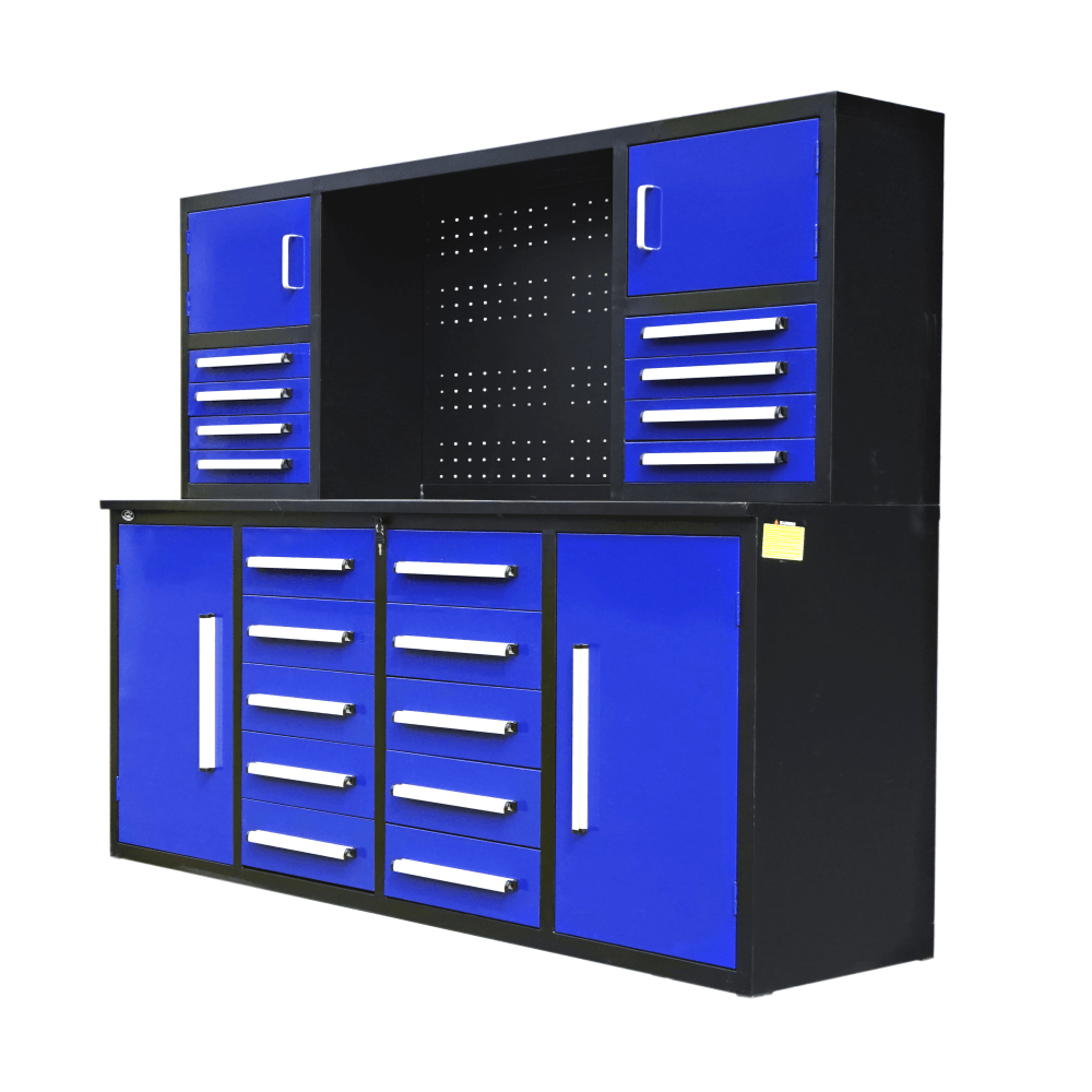 7' Garage Storage Cabinet With Workbench 18 Drawers & 4 Cabinets & Pegboard Blue Steel