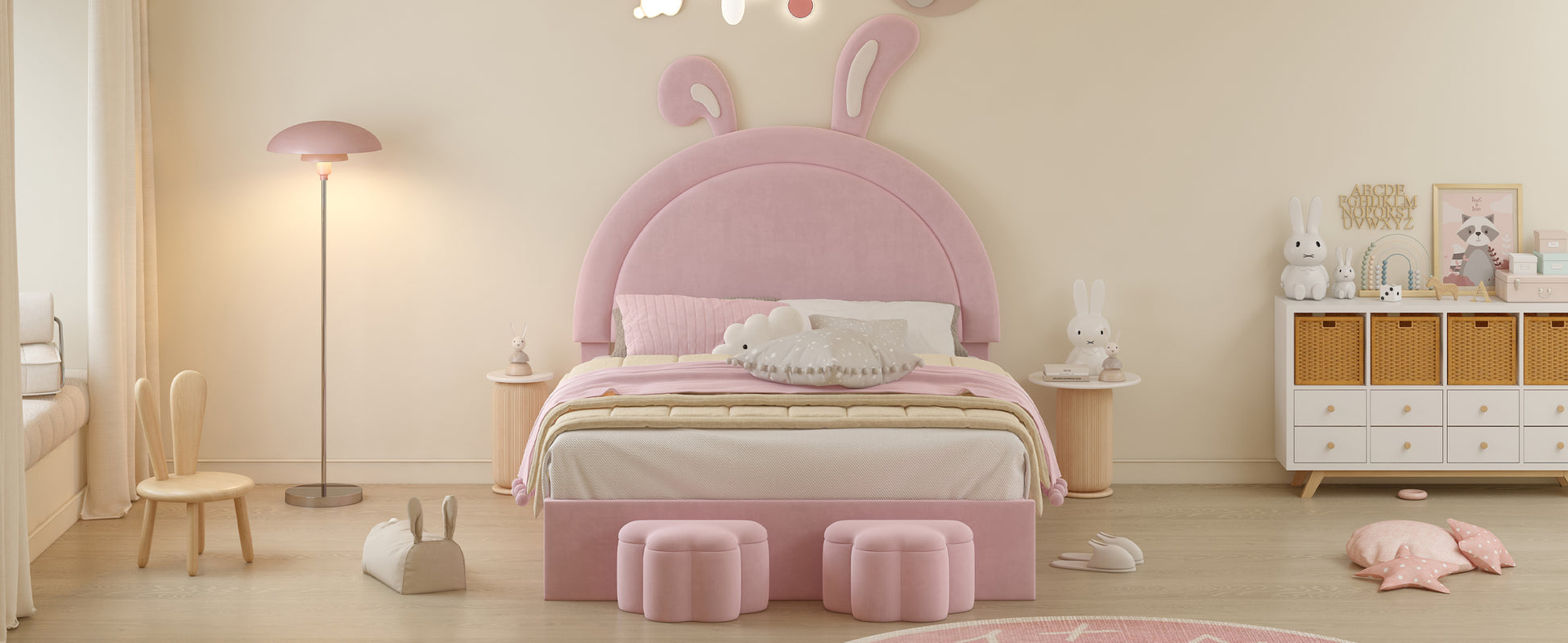 Full Size Upholstered Rabbit Shape Bed With 2 Storage Stools, Velvet Platform Bed With Cartoon Ears Shaped Headboard, Pink Full Pink Wood