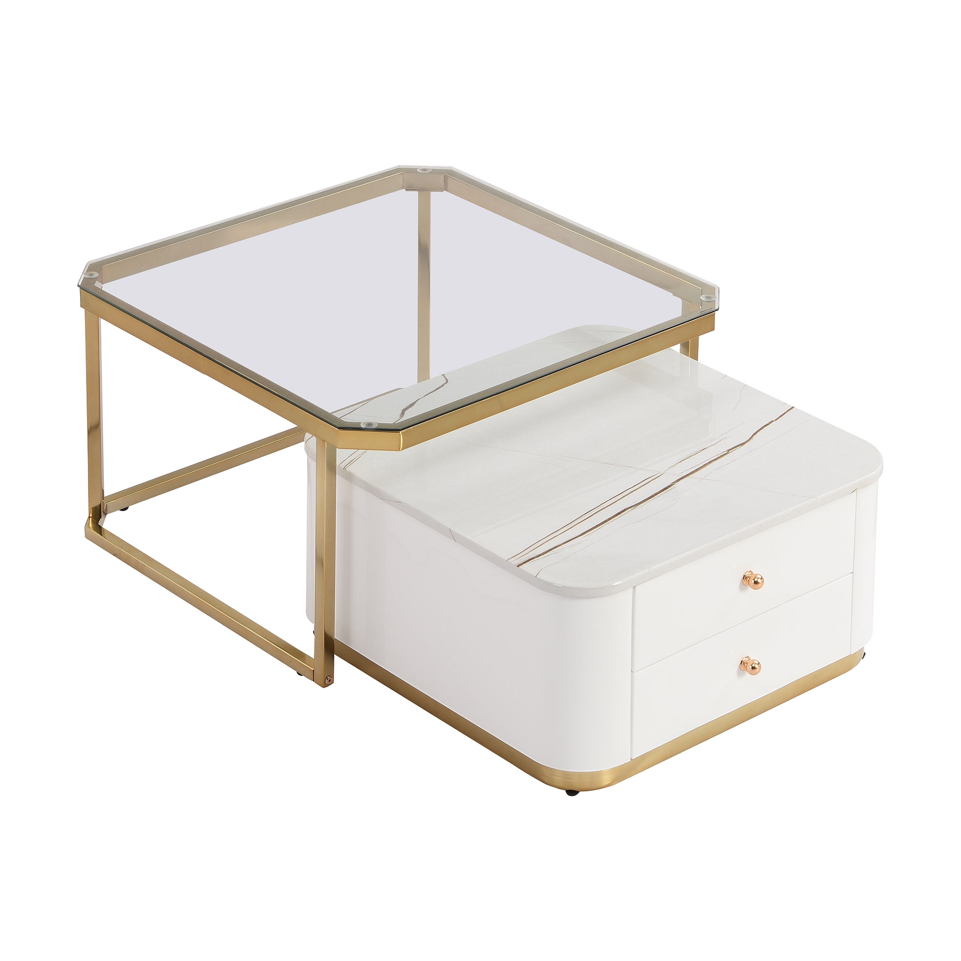 Modern 2 Pieces White Square Nesting Coffee Table With Drawers & Electroplated Gold Legs In 27.6'' Golden White Square Drawers Coffee & End Tables Glossy Square Mdf Glass Mdf Pedestal