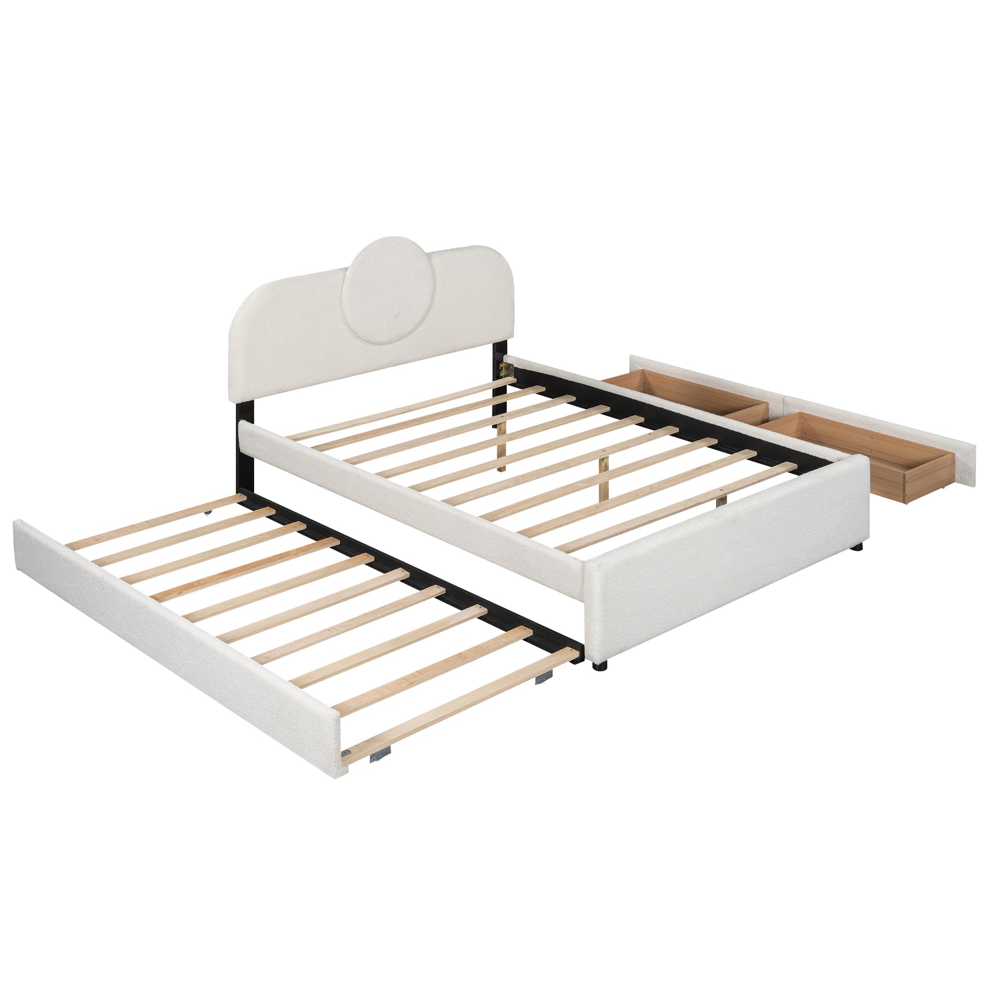 Queen Size Upholstered Platform Bed With Multi Functional Headboard, Trundle And 2 Drawers, White Box Spring Not Required Queen White Wood Bedroom Upholstered
