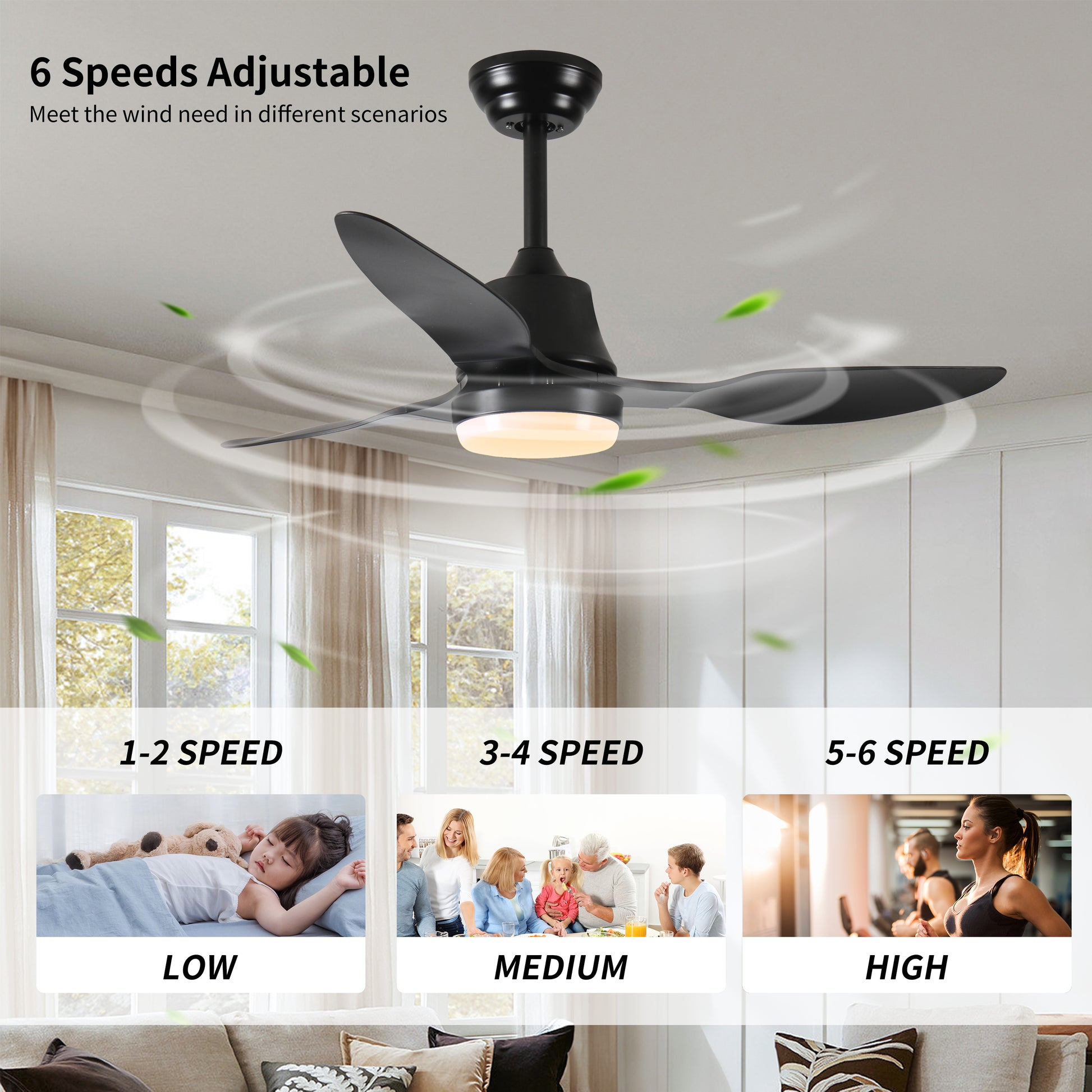 42" Smart Ceiling Fan With Lights Remote,Silent Dc Motor,Voice Control Via Alexa Google Wifi Phone,6 Speed,Outdoor Indoor Modern Ceiling Fans For Living Room Bedroom Patio Black Abs Steel Q235