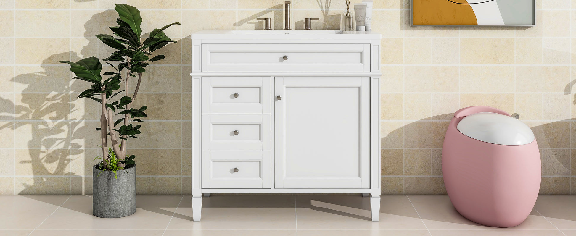 36'' Bathroom Vanity With Top Sink, Modern Bathroom Storage Cabinet With 2 Drawers And A Tip Out Drawer, Single Sink Bathroom Vanity White Bathroom Solid Wood Mdf Ceramic,Solid Wood Mdf