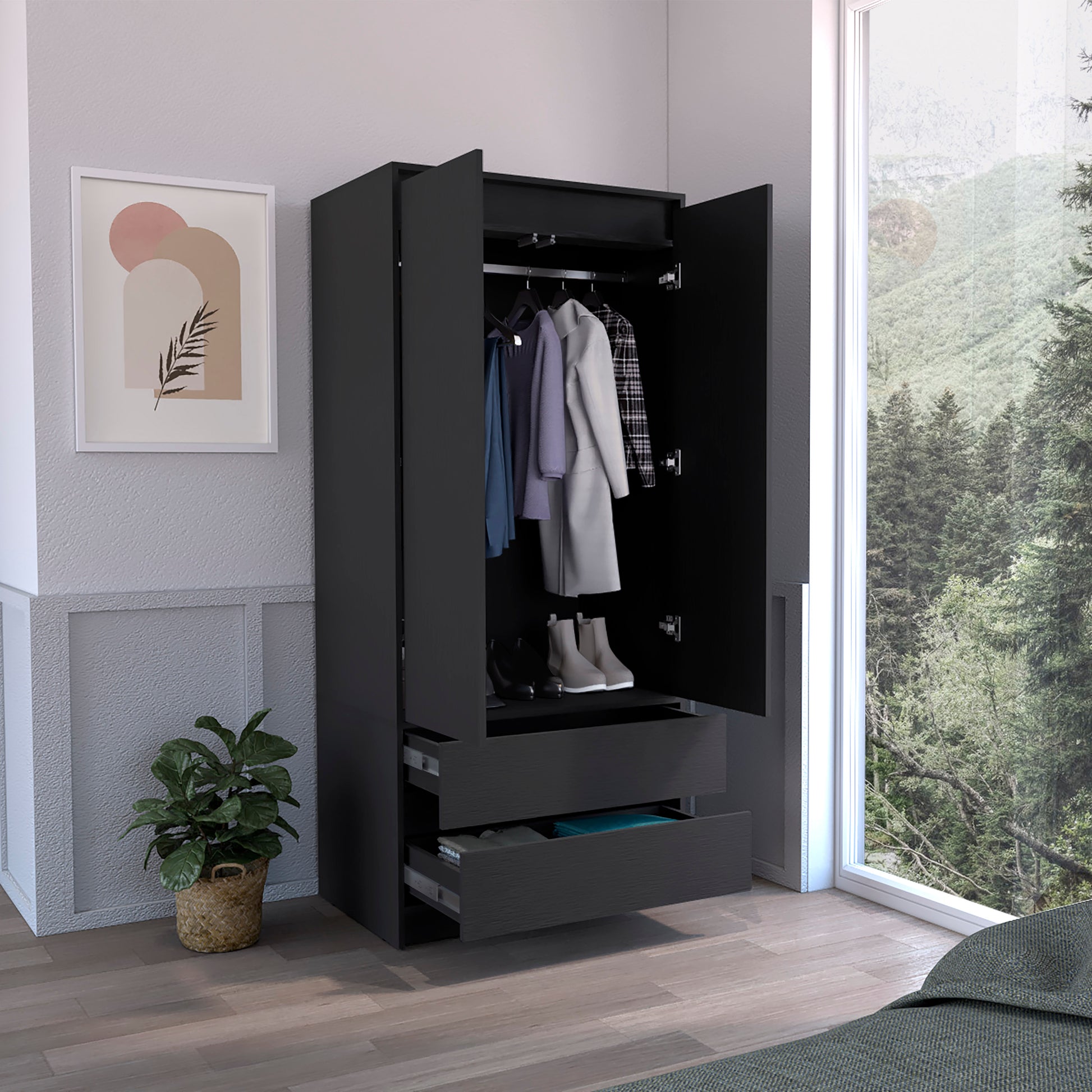 Armoire, Wardrobe Closet With Two Drawers, Hanging Rod, Black Black Solid Wood Mdf Engineered Wood