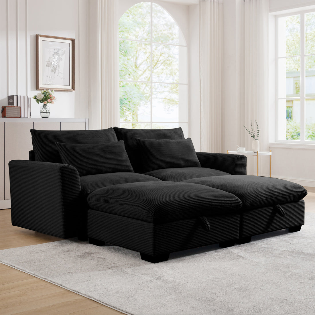 Corduroy Two Seater Sofa With 2 Storage Footrest,2 Seater Sectional Deep Seat Sofa,Comfy Couches For Living Room,Black Sofa Black Corduroy 2 Seat