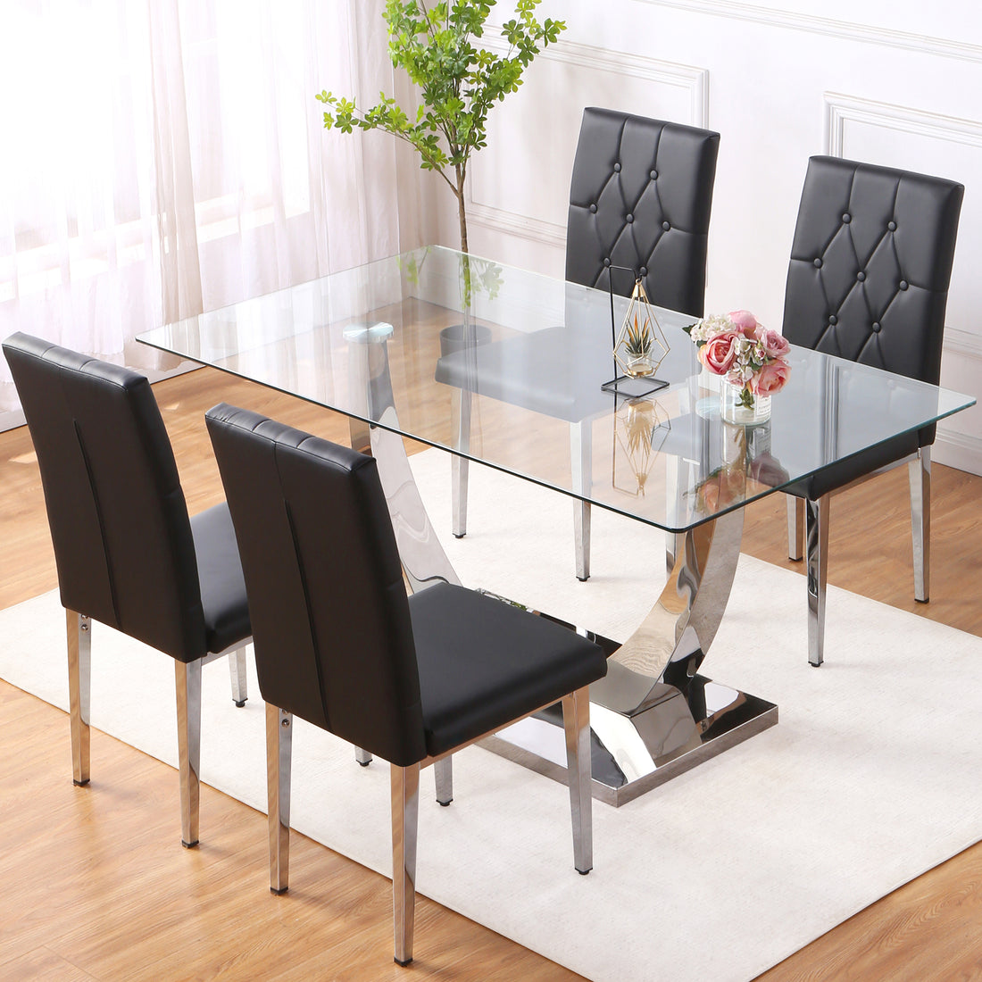 Table And Chair Set, Modern Dining Table, Tempered Glass Tabletop And Silver Colored Leg Table, Soft And Comfortable Dining Chair, Perfect For Dinner, Meetings, Home And Office Decor Black Glass