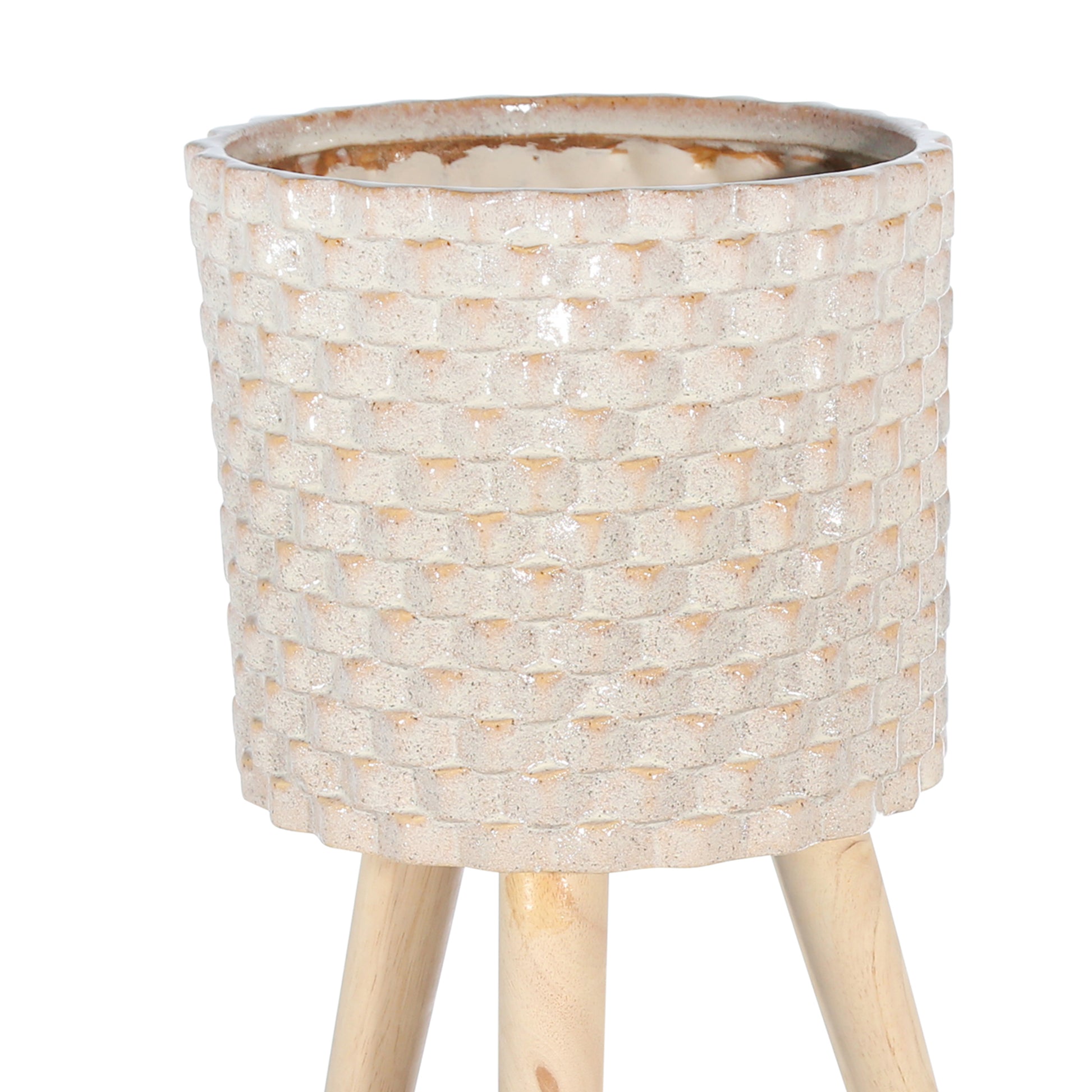 Textured Ceramic Planter With Tripod Legs, Set Of 2, Cream And Brown Cream Wood