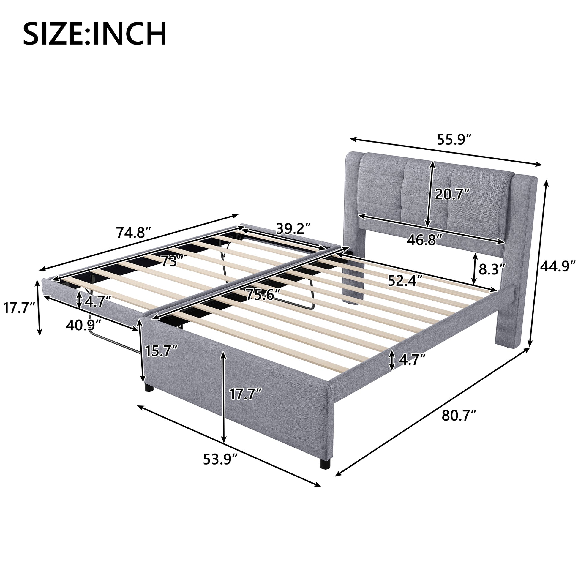 Full Size Upholstery Platform Bed With Trundle,Trundle Can Be Flat Or Erected, Gray Box Spring Not Required Full Gray Bedroom Linen Upholstered