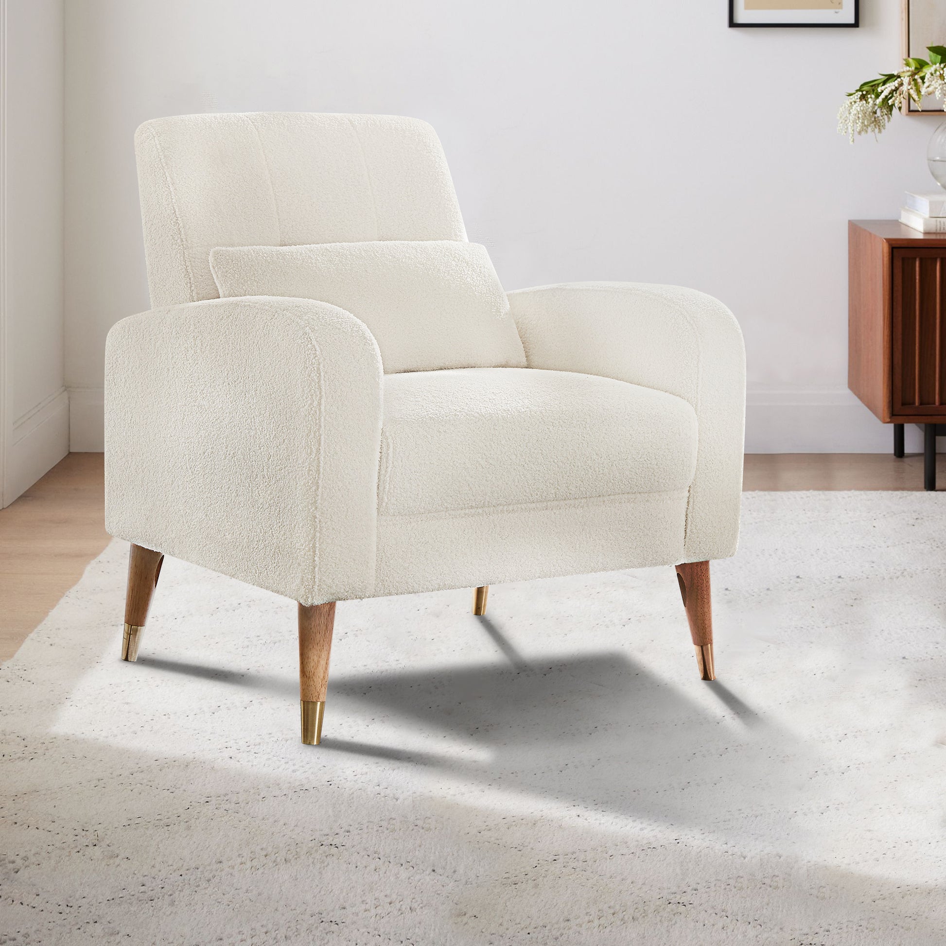 Mid Century Modern Accent Chair, Upholstered Armchair Living Room Chair, Comfy Single Sofa Chair With Metal Legs, Polyester Fabric Chair For Living Room Bedroom White Sherpa