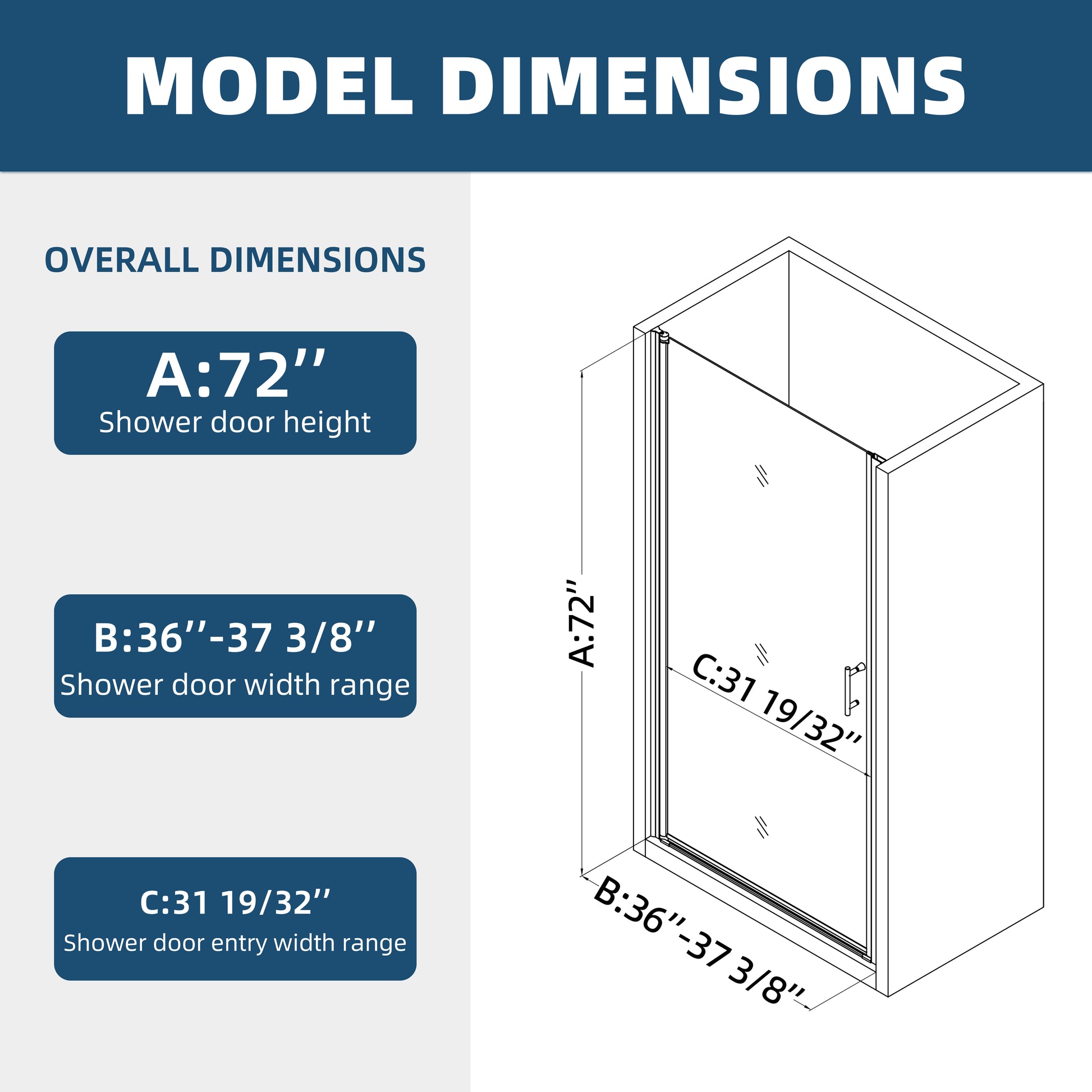 1 3 8" Adjustment,Universal Pivot Shower Door, Open Outside, With 1 4" Tempered Glass Chrome Bathroom Aluminium Alloy