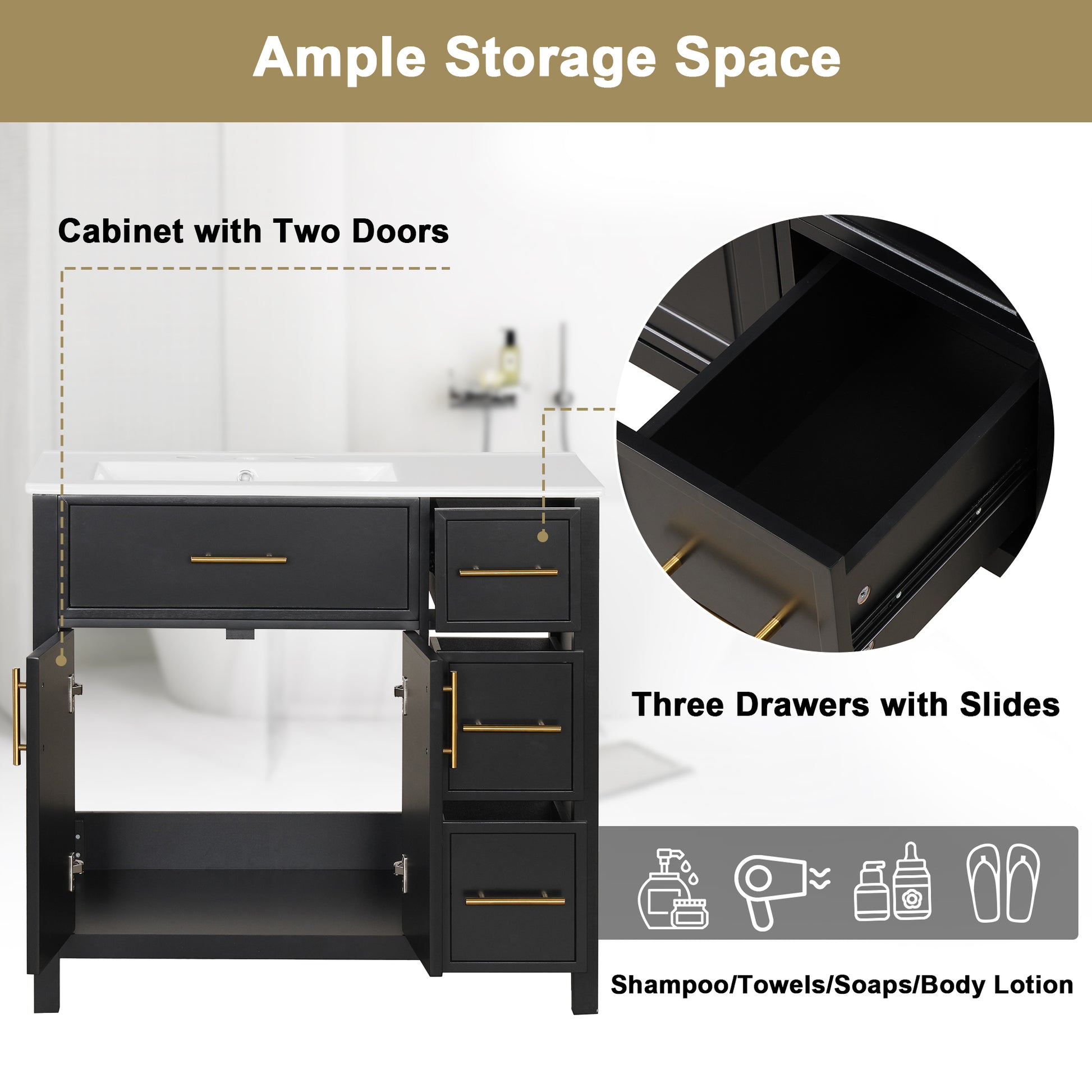 36" Bathroom Vanity With Sink Top, Bathroom Vanity Cabinet With Two Doors And Three Drawers, Solid Woodmdf Boards ,One Package, Black Black Solid Wood Mdf