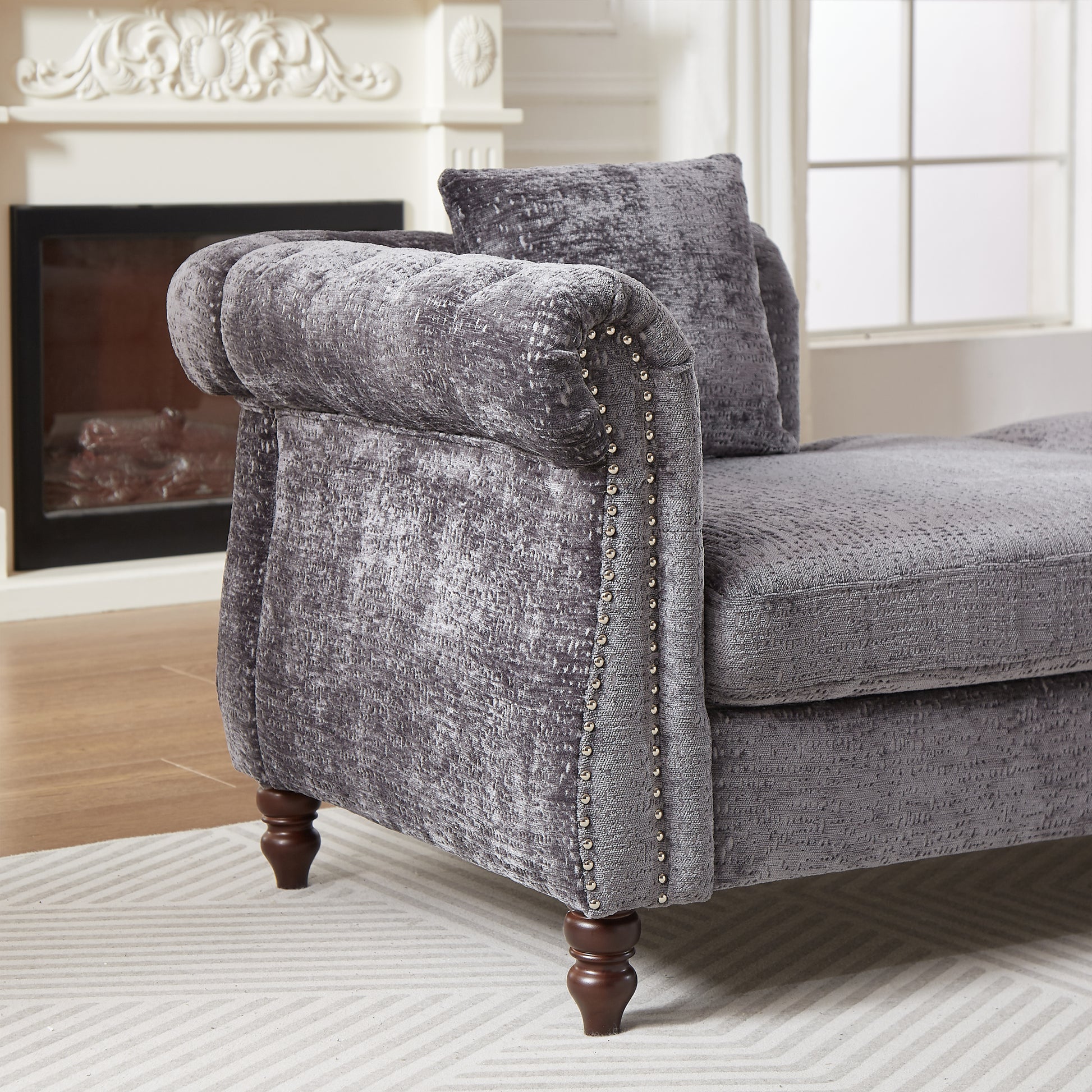 81 Inch Chenille Face To Face Chaise Lounge With Two Pillows,Nailhead Trim,Button Tufted Design And Rolled Arms For Lounge, Living Room And Office Grey Chenille 1 Seat