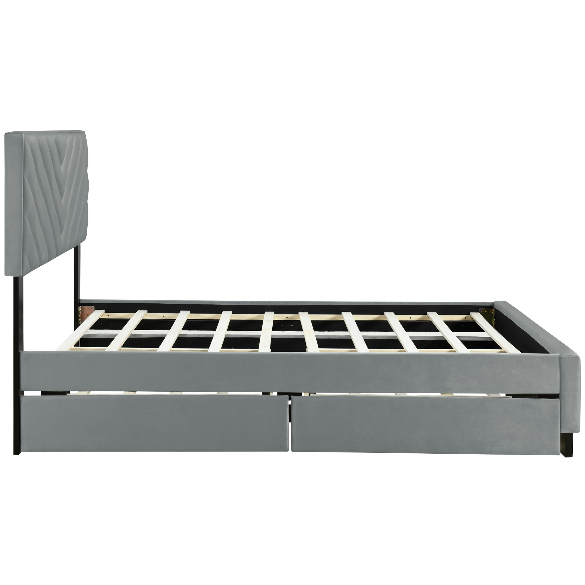 Queen Size Upholstered Platform Bed With Twill Headboard, Pullout Bed And Two Drawers, Flannel,Gray Queen Gray Mdf Lvl