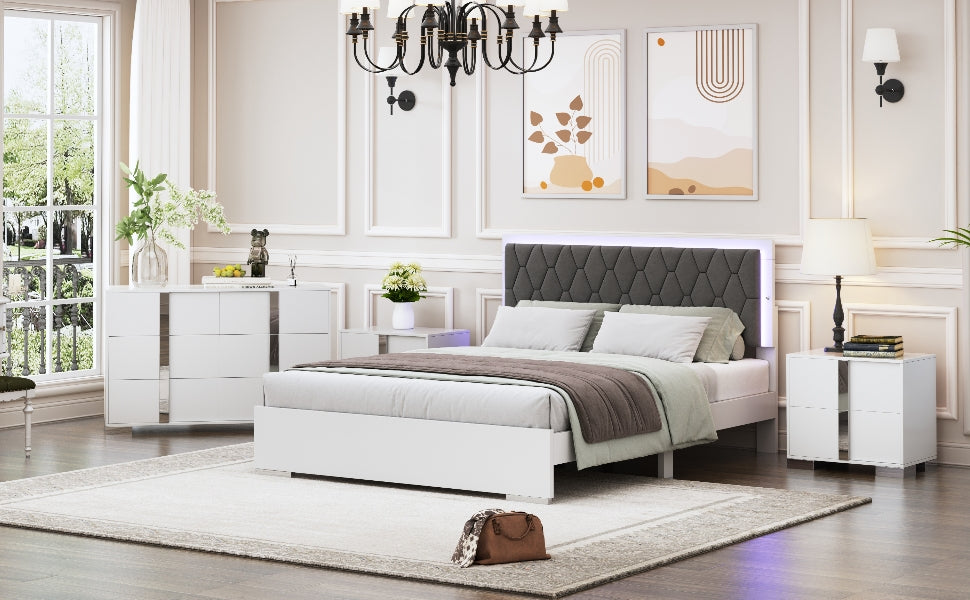 4 Pieces Bedroom Sets Queen Size Upholstered Bed With Led Lights, Mirrored Nightstands And Dresser With Metal Handles And Legs,White Queen White 4 Piece Set Solid Wood Mdf