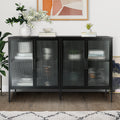 Stylish 4 Door Tempered Glass Cabinet With 4 Glass Doors Adjustable Shelf And Feet Anti Tip Dust Free Fluted Glass Kitchen Credenza Black Black Tempered Glass Sheet Metal Plastic