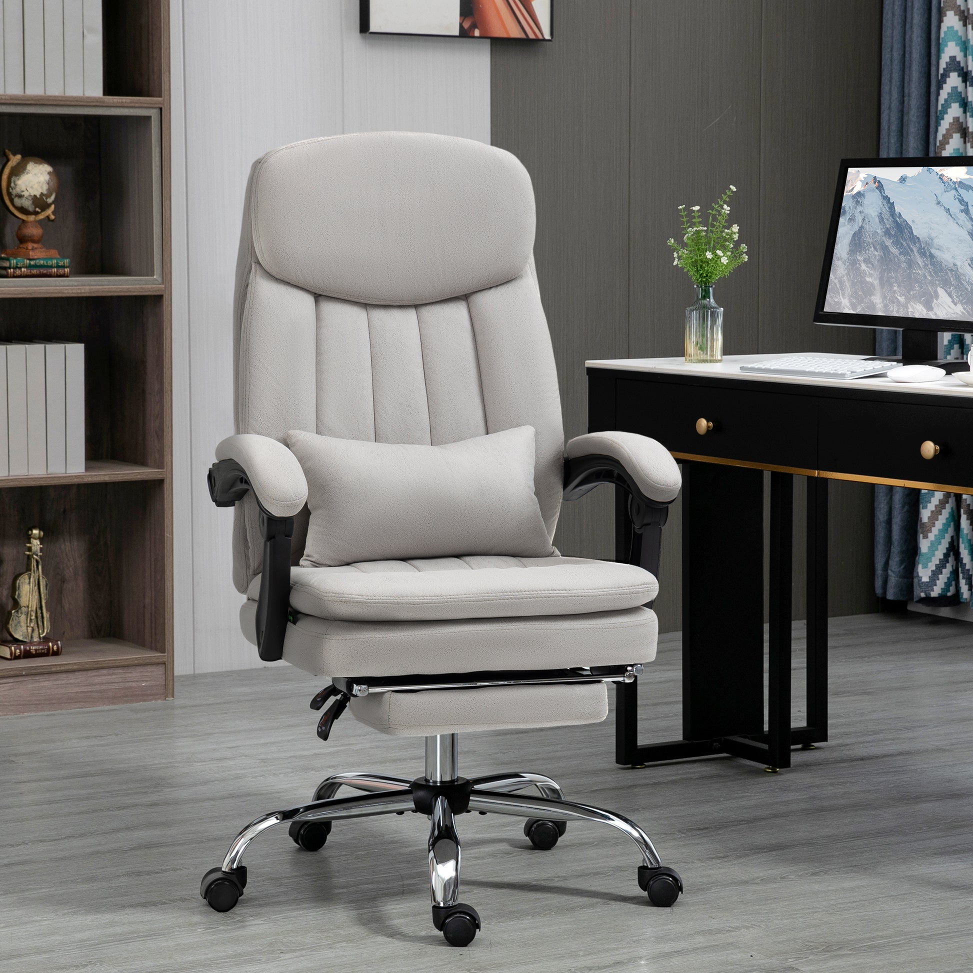 Vinsetto Microfibre Executive Massage Office Chair, Swivel Computer Desk Chair, Heated Reclining Computer Chair With Lumbar Support Pillow, Light Gray Light Grey Polyester