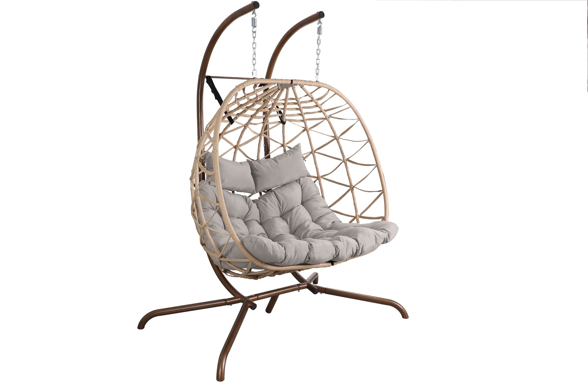 Outdoor Egg Swing Chair With Stand,Thick Cushions And Pillow Light Grey Cotton Rattan Metal