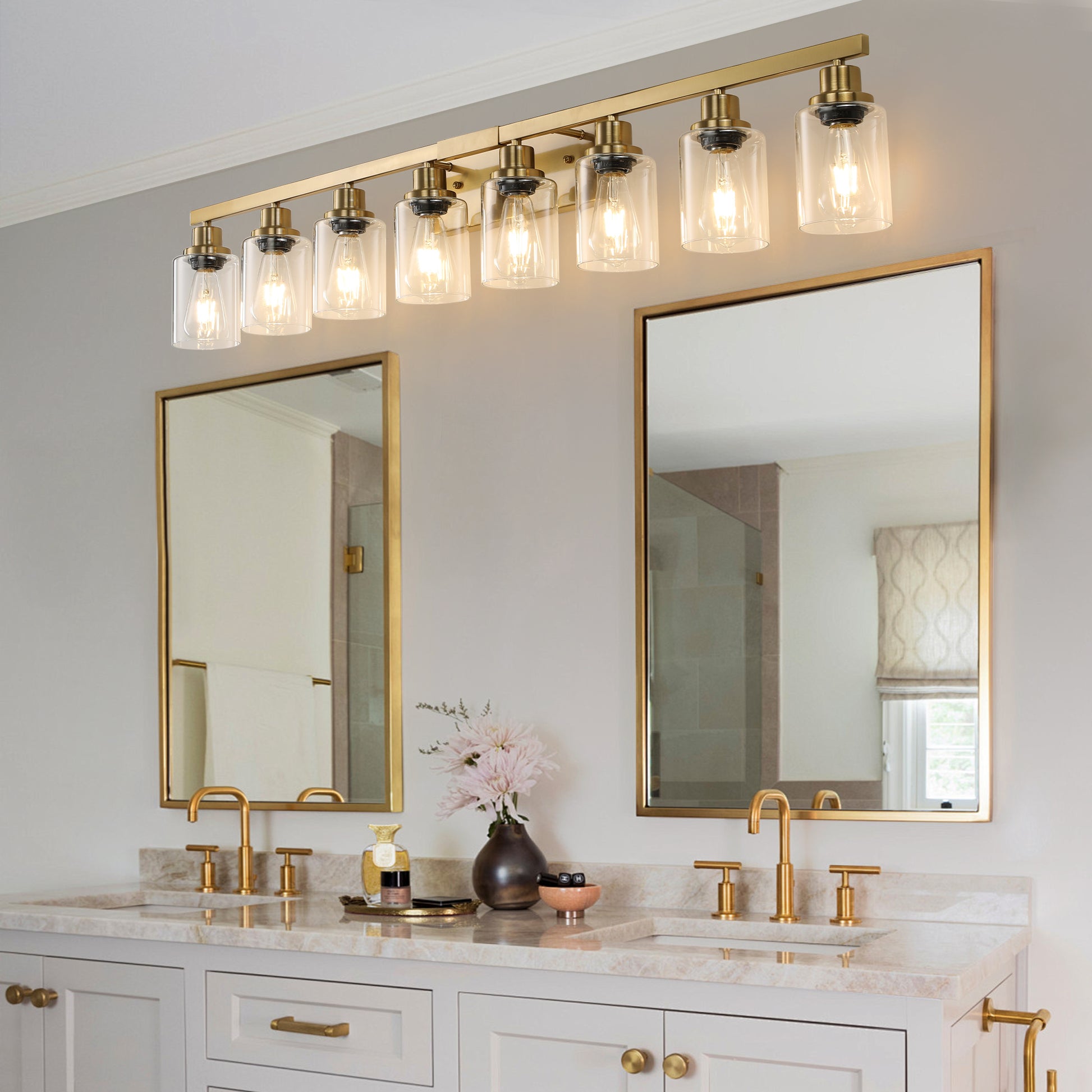 Golden 8 Light Vanity Light With Clear Glass Shades, Modern Iron Metal Golden 8 Light Vanity Light With Clear Glass Shades, Modern Iron Metal