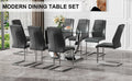 Table And Chair Set.Contemporary, Minimalist Rectangular Dining Table Featuring A Clear Tempered Glass Top And Sleek Silver Legs. Paried With Chairs Made Of Pu Material Cushion And Silver Metal Legs. Gray Seats 8 Glass Metal