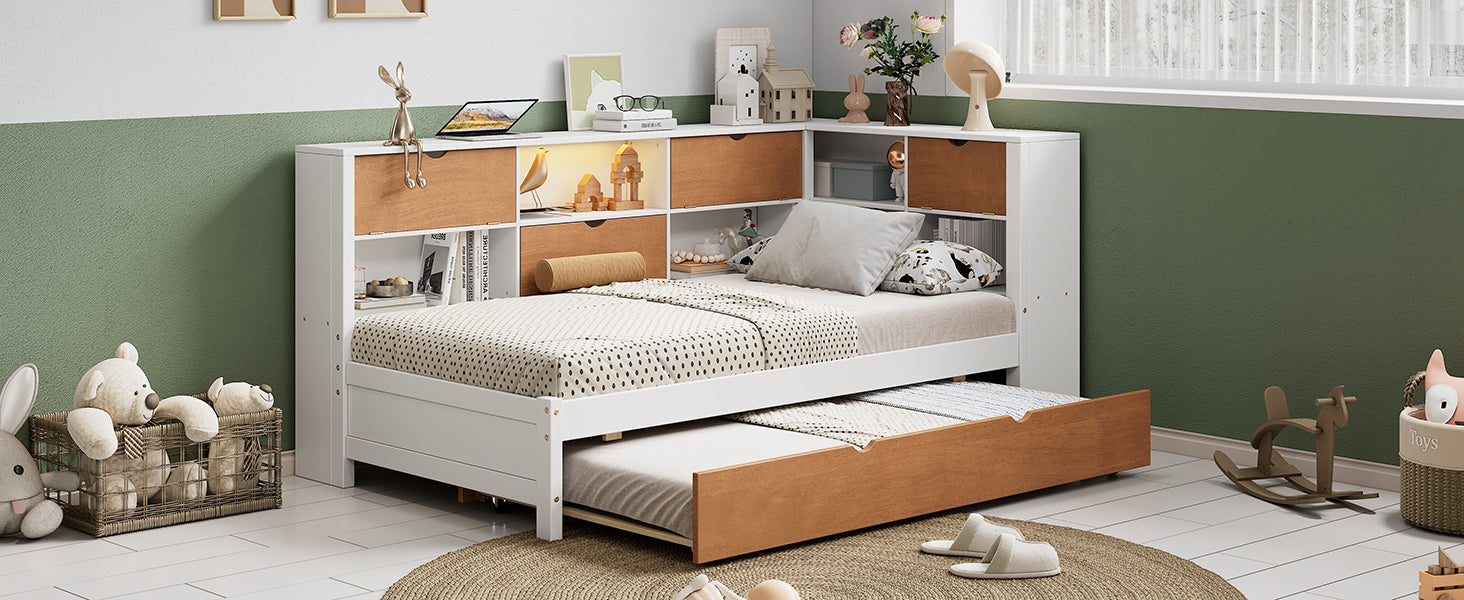 L Shaped Bed Frame With Trundle And And Bookcase,Corner Bed Wooden Captain Bed With Led Downlight And Usb Port For Small Room,Bedroom, Guest Room, Full Size, Walnut And White Box Spring Not Required Full White Walnut Wood Bedroom Modern Pine Bed Frame