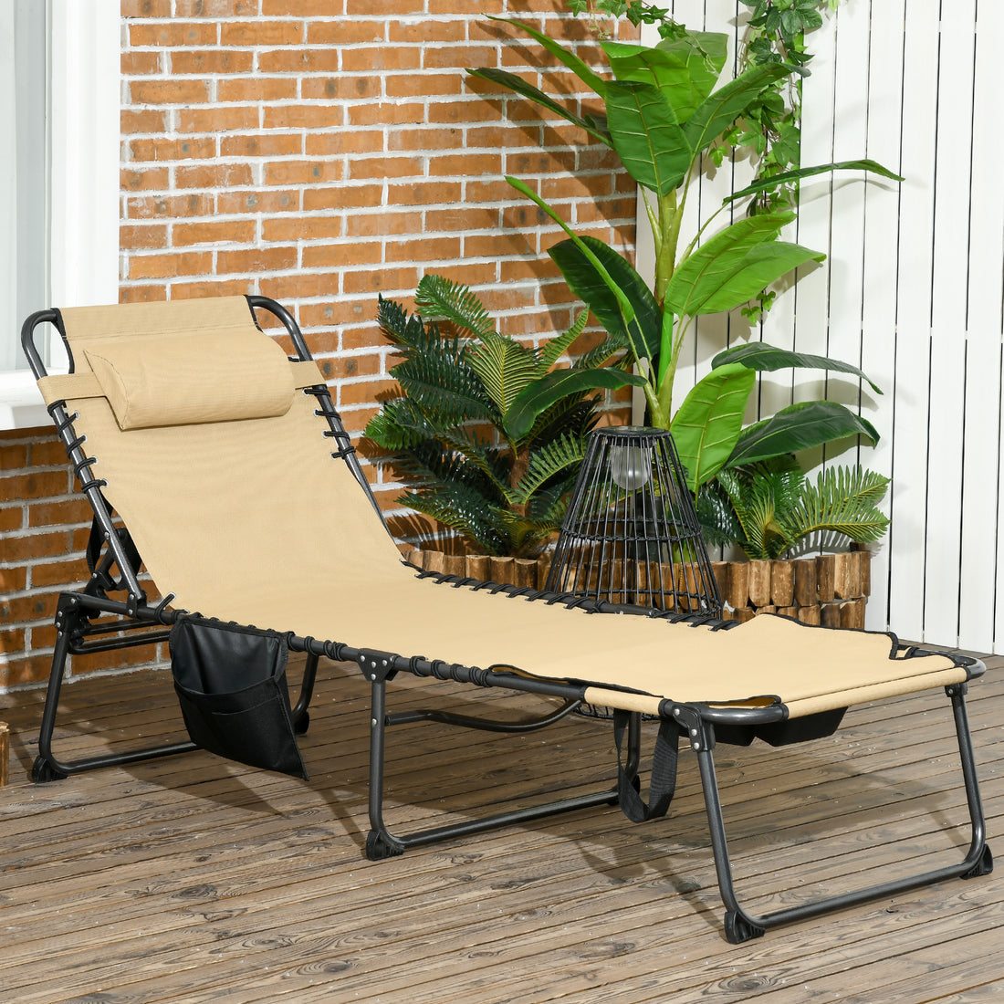 Outsunny Folding Chaise Lounge With 5 Level Reclining Back, Outdoor Tanning Chair With Reading Face Hole, Outdoor Lounge Chair With Side Pocket & Headrest For Beach, Yard, Patio, Beige Beige Steel