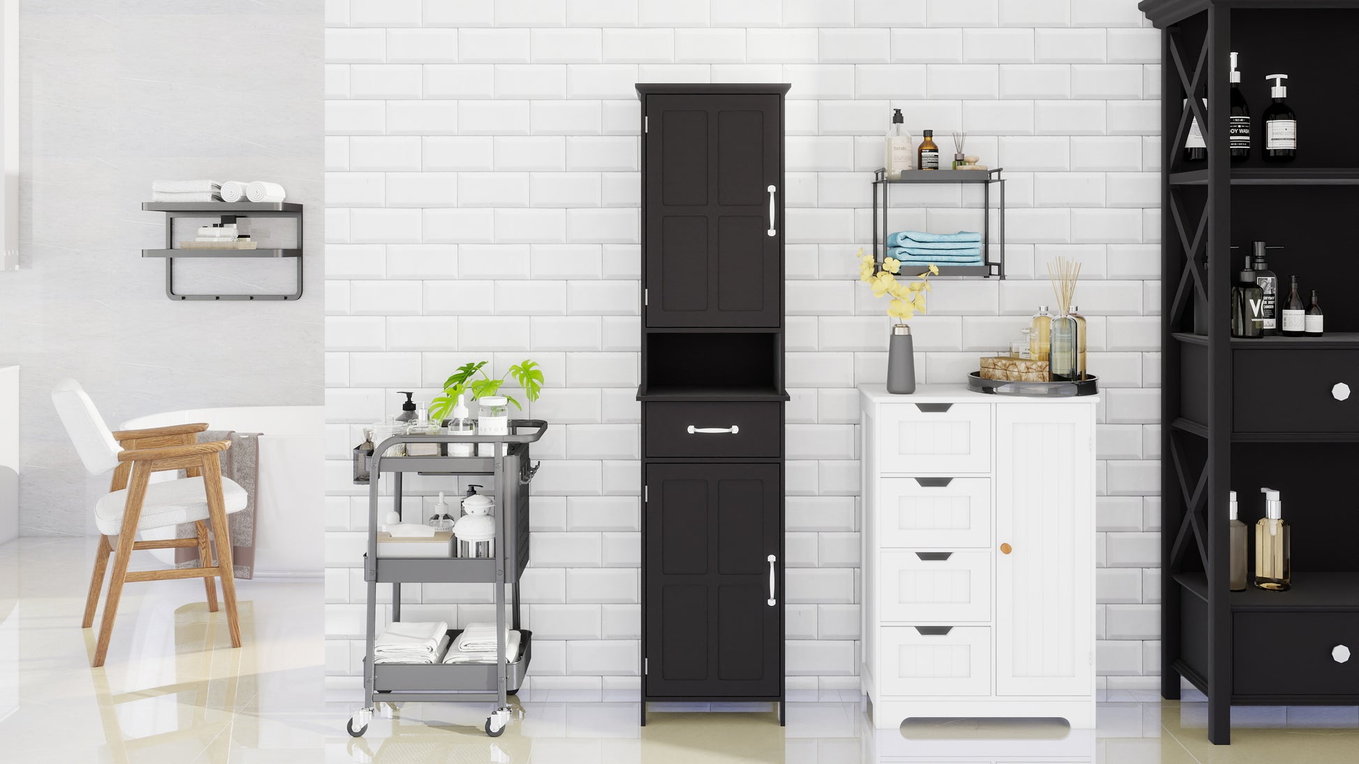 Double Door Narrow Height Slim Floor Standing Cabinet With 2 Adjustable Shelves Black Black Mdf