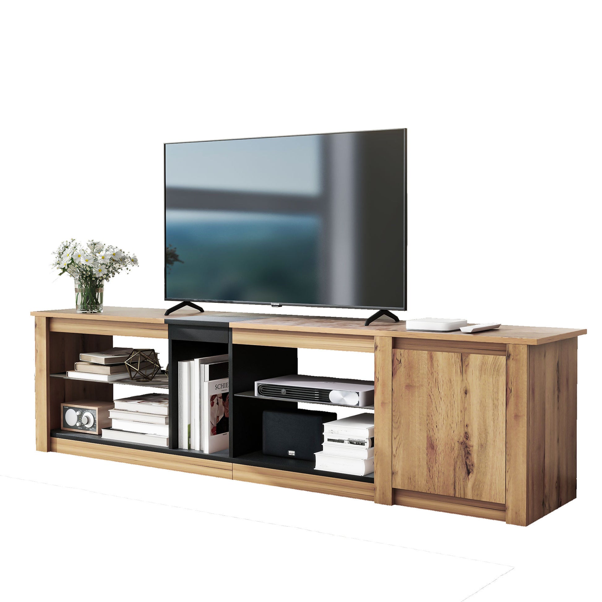 Moderntv Stand For Tvs Up To 80''Media Console With Multi Functional Storage, Entertainment Center With Led Light, Tv Cabinet For Living Room,Bedroom Black Natural 70 79 Inches 70 79 Inches 70 Inches Particle Board