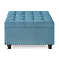Large Square Storage Ottoman With Wooden Legs, Upholstered Button Tufted Coffee Table With Nail Trims,Light Blue Espresso Wood Primary Living Space Solid Black Rubberwood Wood Tufted Light Blue Linen Linen Or Linen Blend Medium Soft Backless American