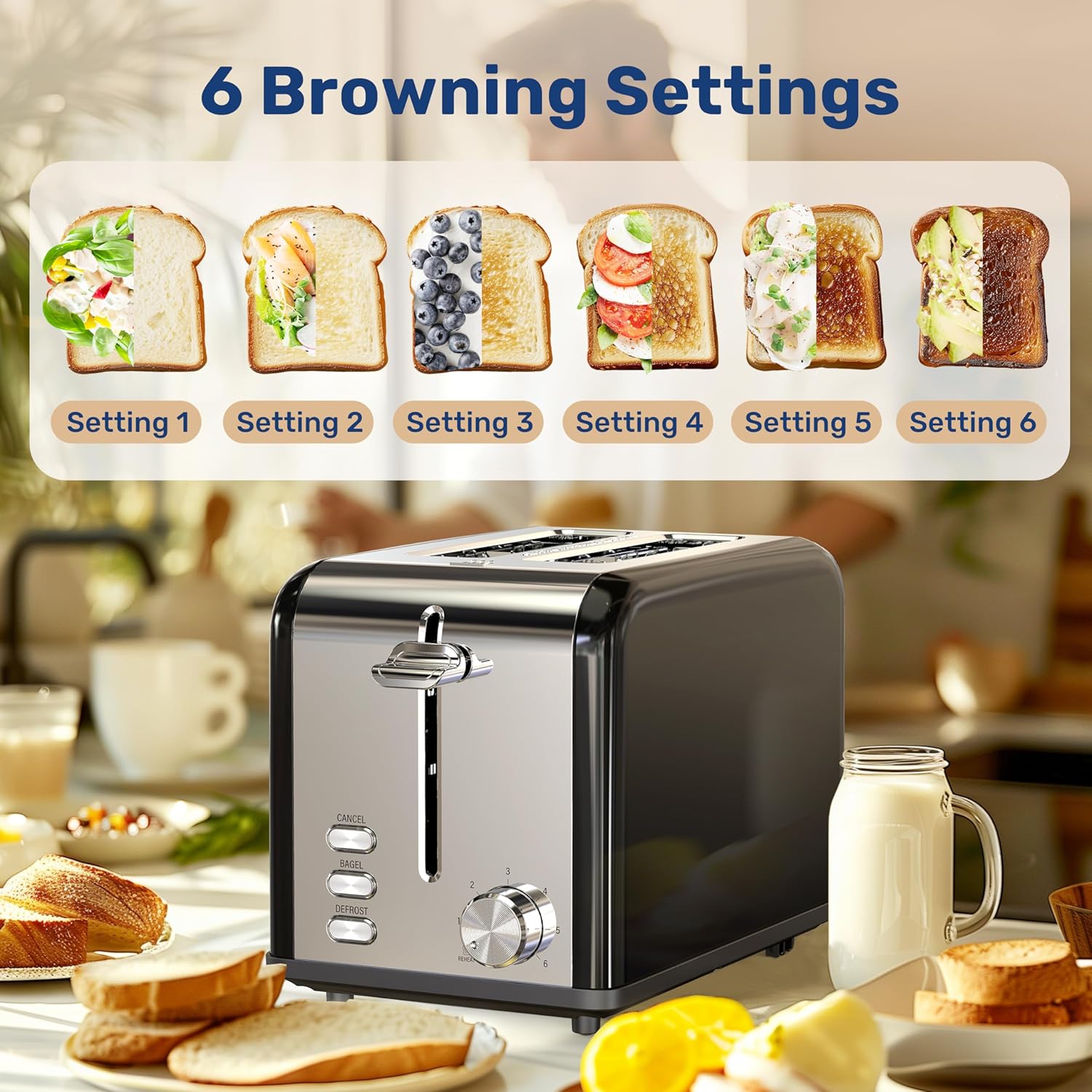 2 Slice Toaster With 6 Browning Setting And 3 Function, Extra Wide Slot & Removable Crumb Tray, Retro Stainless Steel Style, For Bread & Waffle Black Stainless Steel