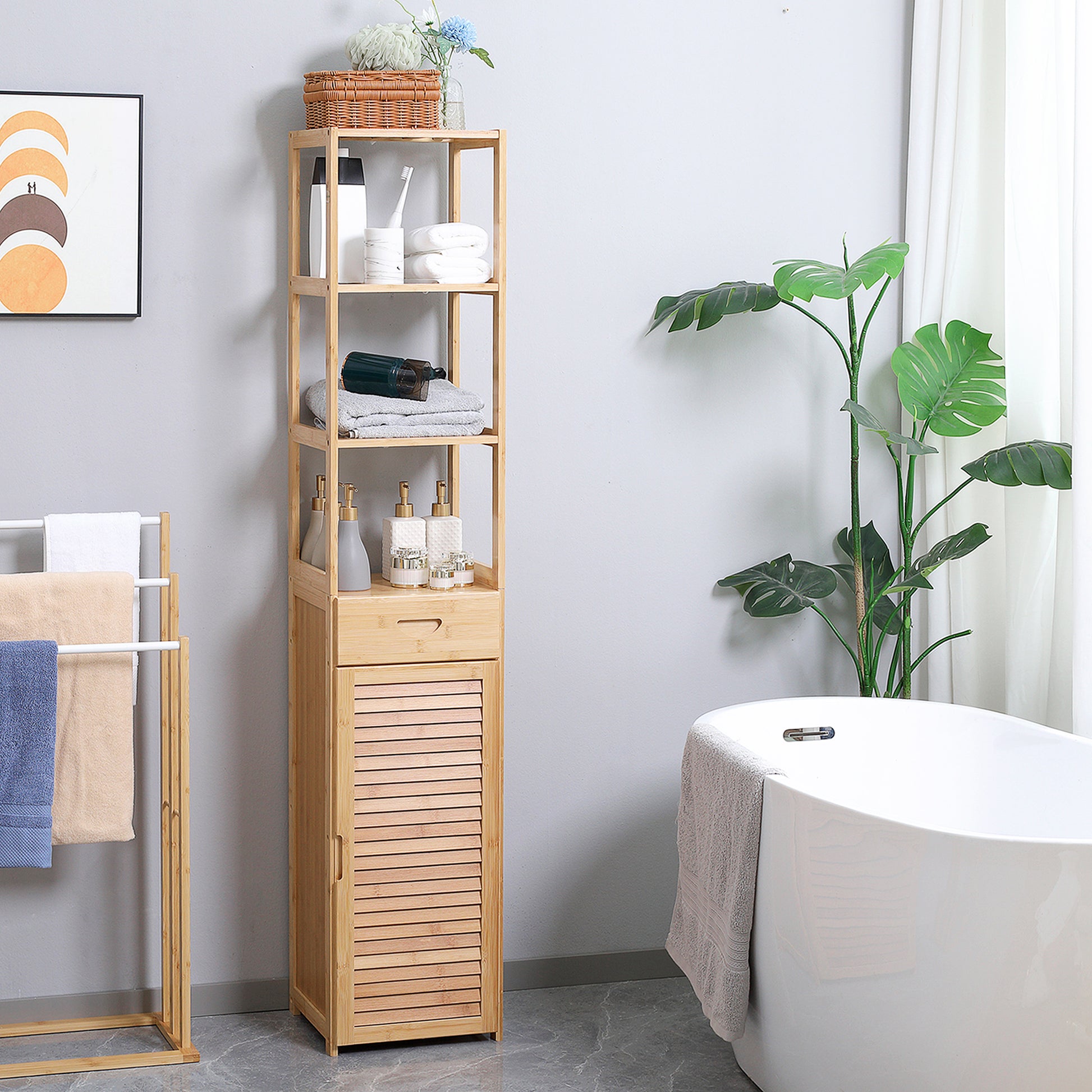 Kleankin Tall Bathroom Cabinet With Drawer And Slatted Shelves, Slim Bamboo Linen Tower With Louvered Door, Natural Natural Wood Bamboo