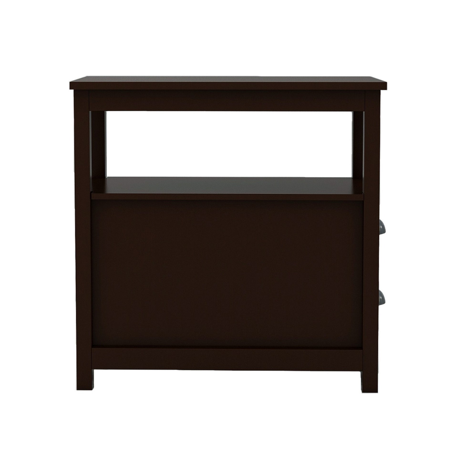 24 Inch Wood Nightstand With 2 Drawers, 1 Shelf, Metal Cup Handles, Brown Brown Mdf Metal