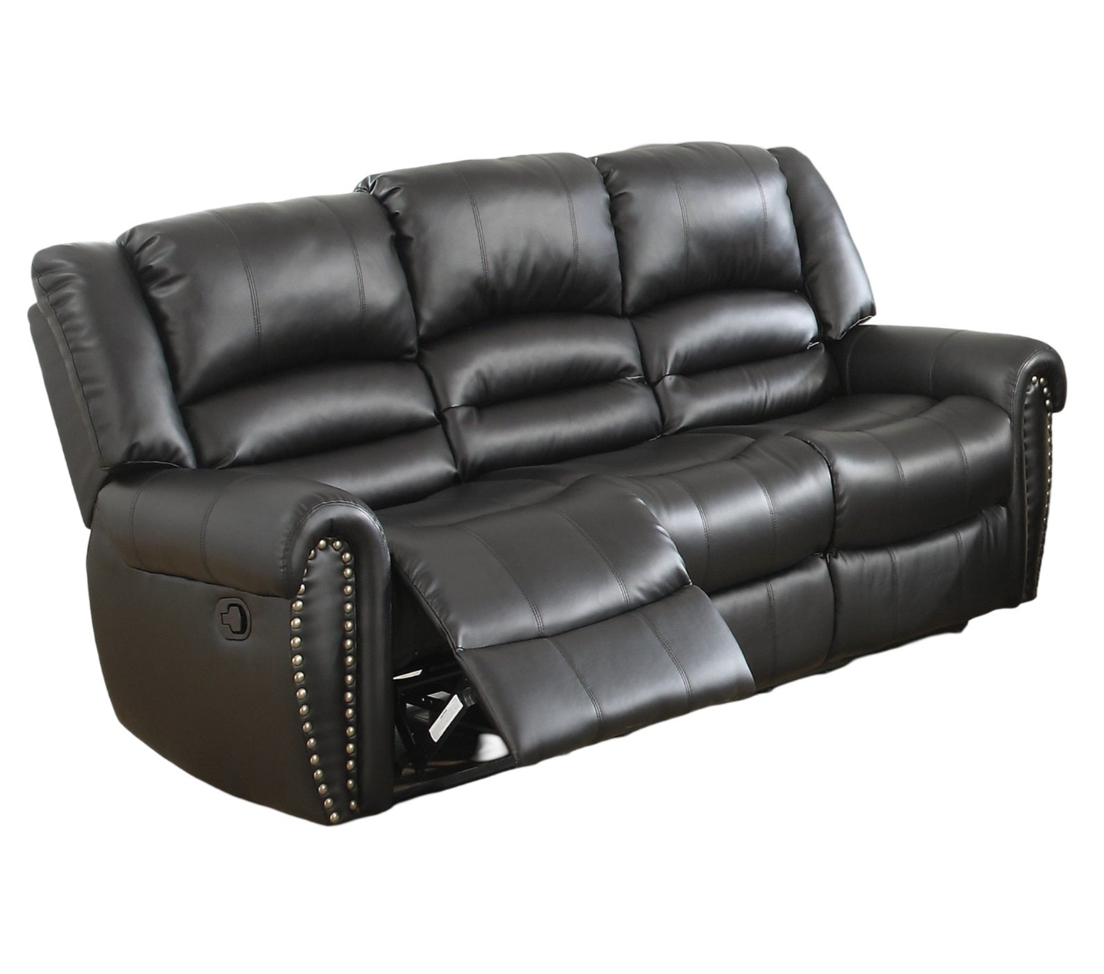 Plush Relax 1Pc Manual Motion Sofa Only Black Color Bonded Leather 3 Seat Couch Armrest Cushion Seating Living Room Furniture Black Faux Leather Metal Primary Living Space Cushion Back Contemporary,Modern Pillow Top Arms Metal 3 Seat