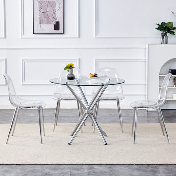 Table And Chair Set.36.6"Round Clear Glass Dining Table With A Unique Shape With Ring Shaped Gathered Silver Metal Legs.Paired With 4 Transparent High Quality Pp Dining Chairs With Silver Legs.