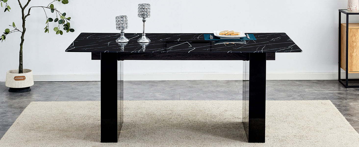 Large Modern Rectangular Table With 0.39 "Black Patterned Top And Large Mdf Legs, Suitable For Kitchen, Dining And Living Room 71" * 35.4 "* 30" 1546 Black Mdf Glass