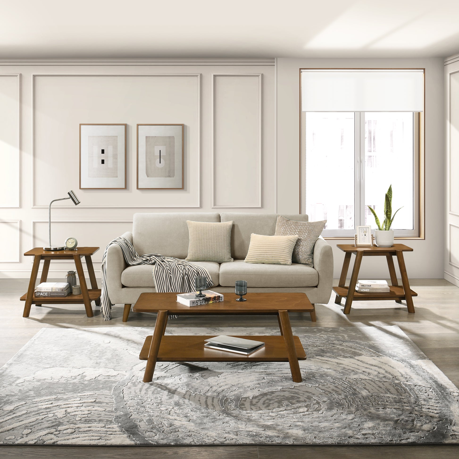 Metz Mid Century Modern Wood Shelf 3 Piece Coffee Table Set, Walnut Finish Walnut Brown Primary Living Space Mid Century Modern Rubberwood Shelves Coffee & End Tables Rectangular Rubberwood Mdf