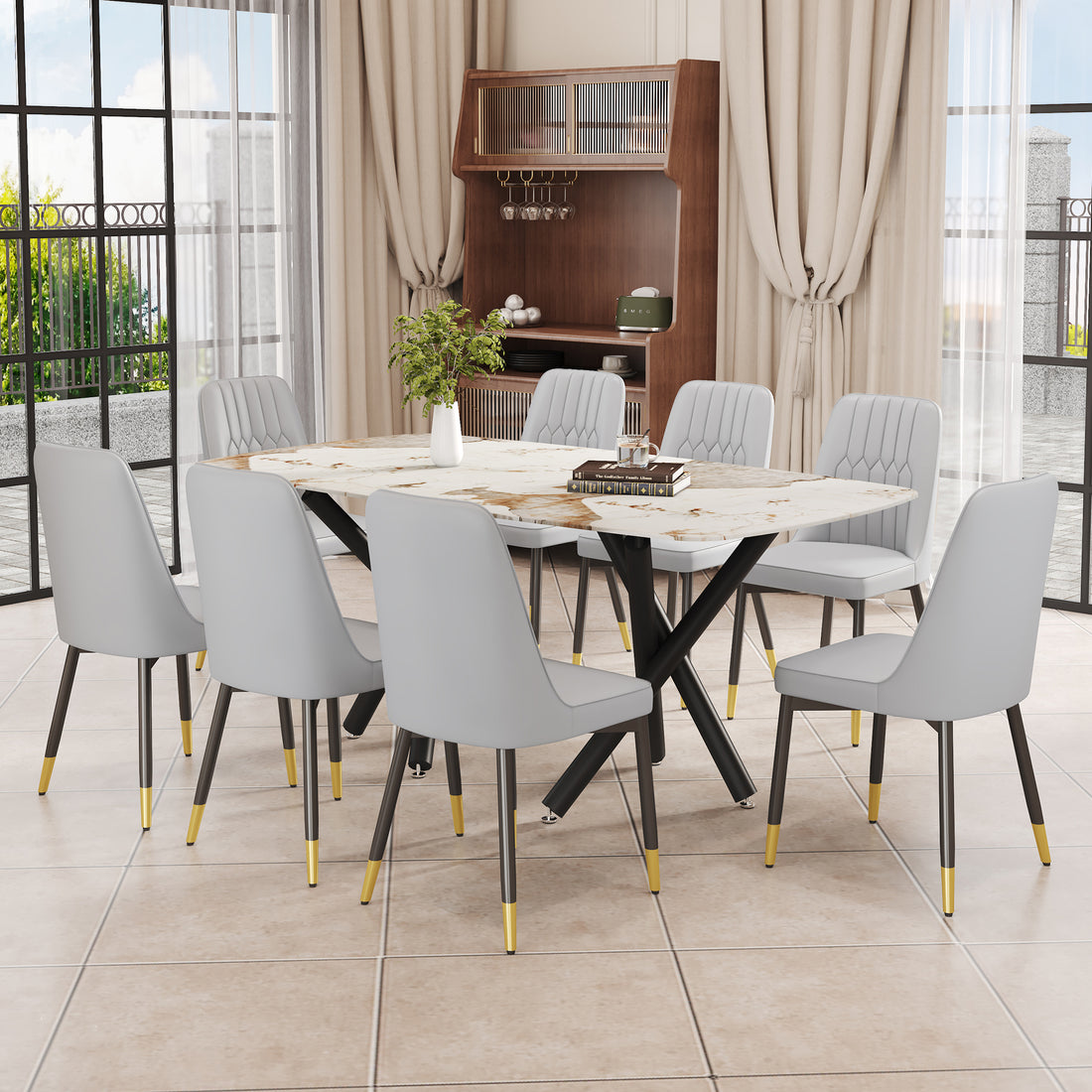 1 Table And 8 Chairs Set.A Rectangular Dining Table With A 0.39 Inch Imitation Marble Tabletop And Black Metal Legs.Paired With 8 Chairs With Pu Leather Seat Cushion And Black Metal Legs.F 1538,C 007 Black Glass Metal